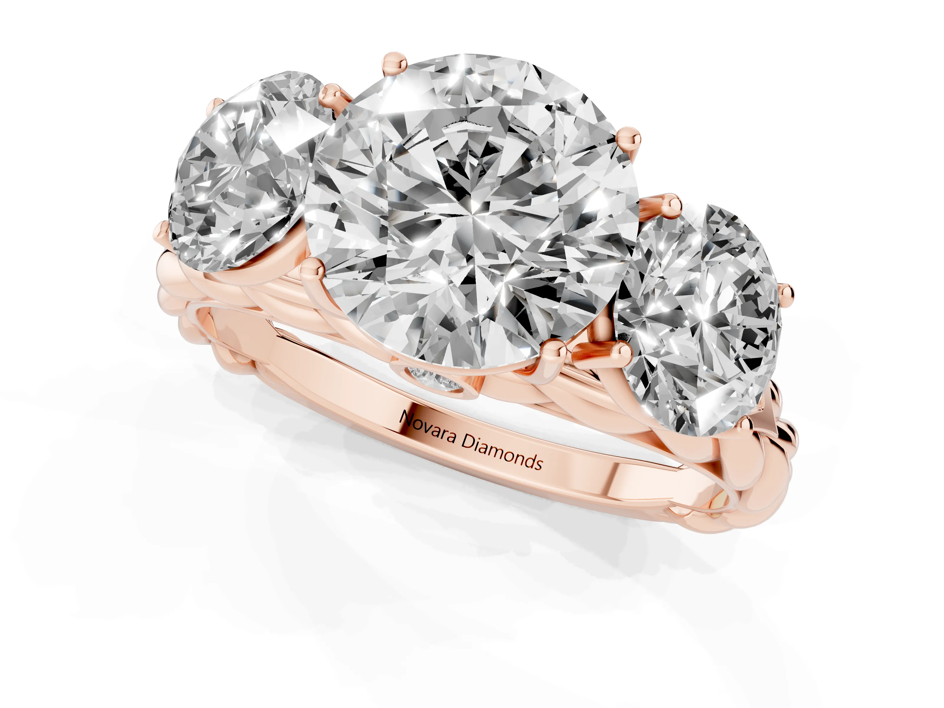 Round Cut Diamond Three-Stone Ring Set in Rose gold with Braided Band