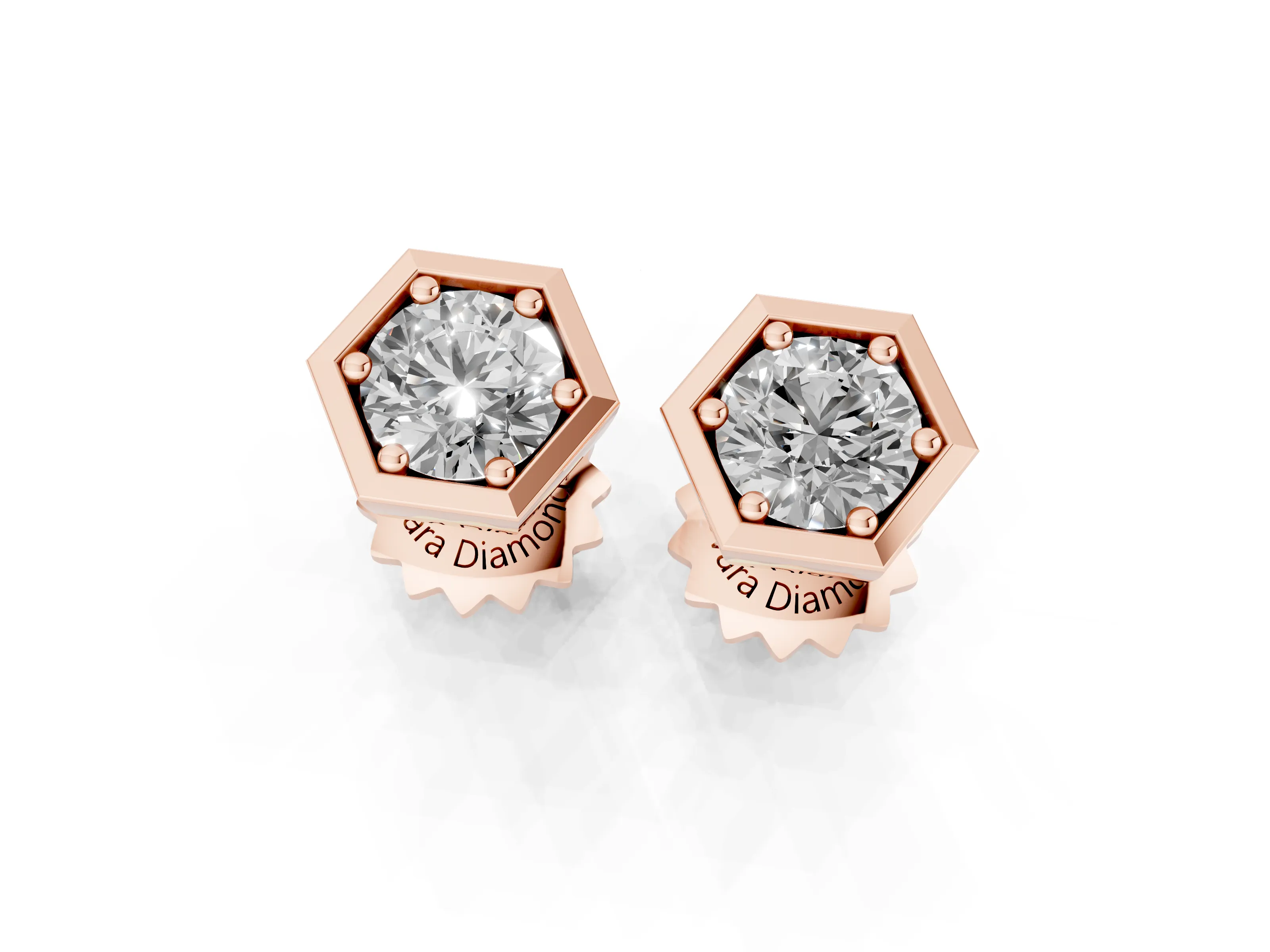 Round Lab-Grown Diamond Hexagon Frame Stud Earrings | Prong Set Solitaire | Rose Gold