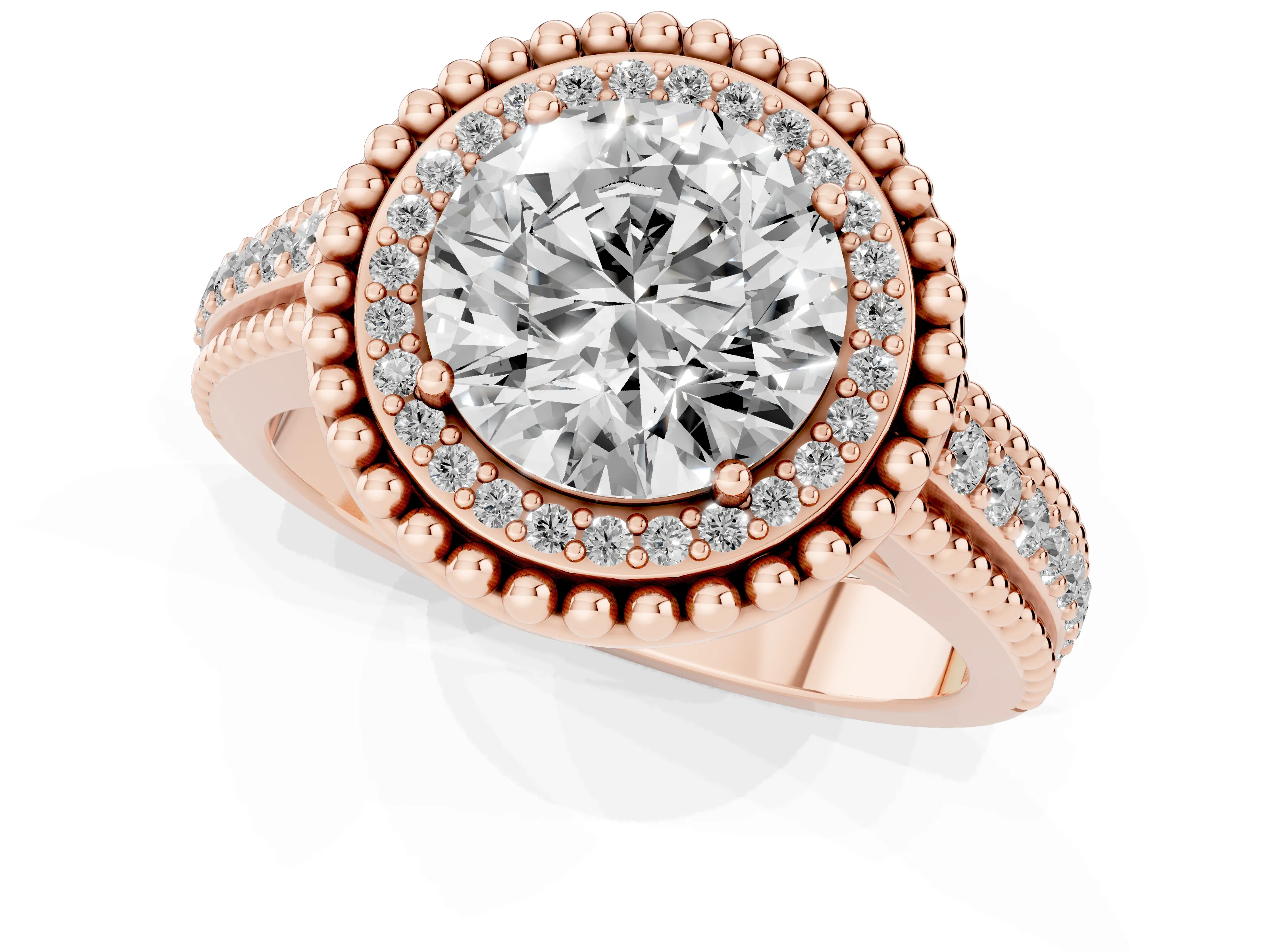 Round Cut Diamond Halo Ring Set in Rose gold with Beaded Split Shank and Prong Setting