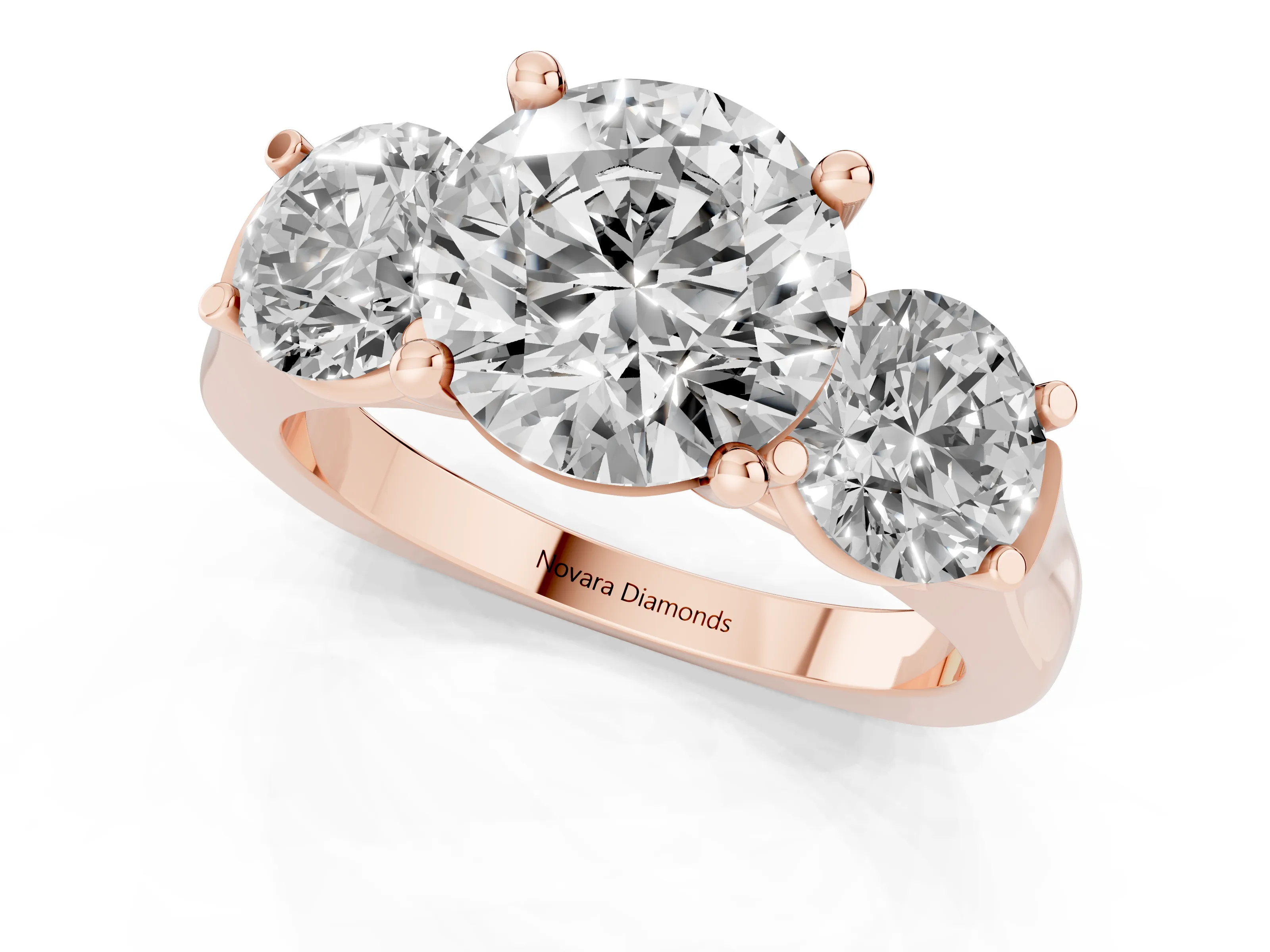 Round Cut Diamond Three-Stone Trellis Ring Set in Rose gold with Comfort Fit Band