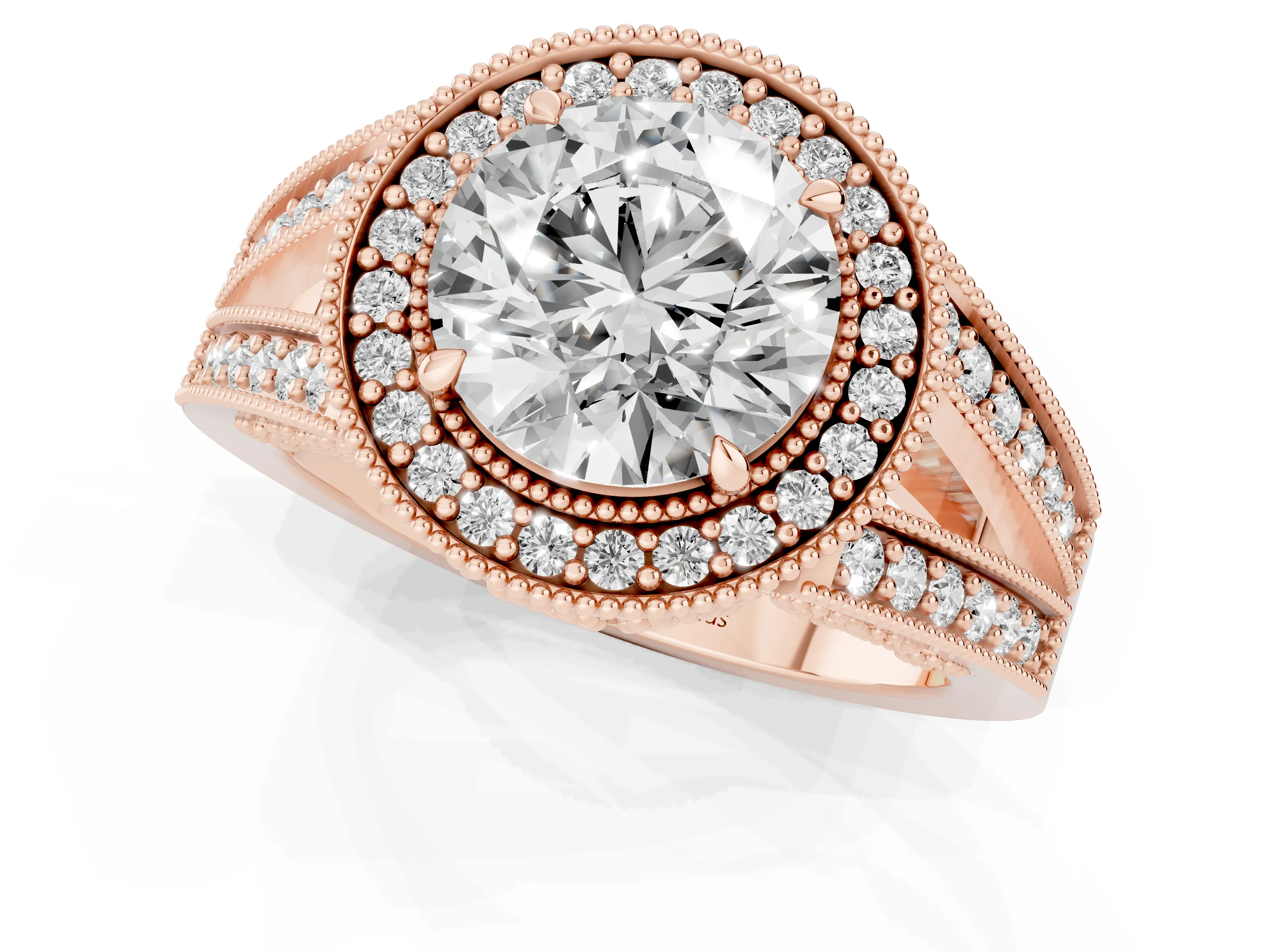 Round Cut Diamond Halo Ring Set in Rose gold with Stone-Set Split Shank and Milgrain Edges