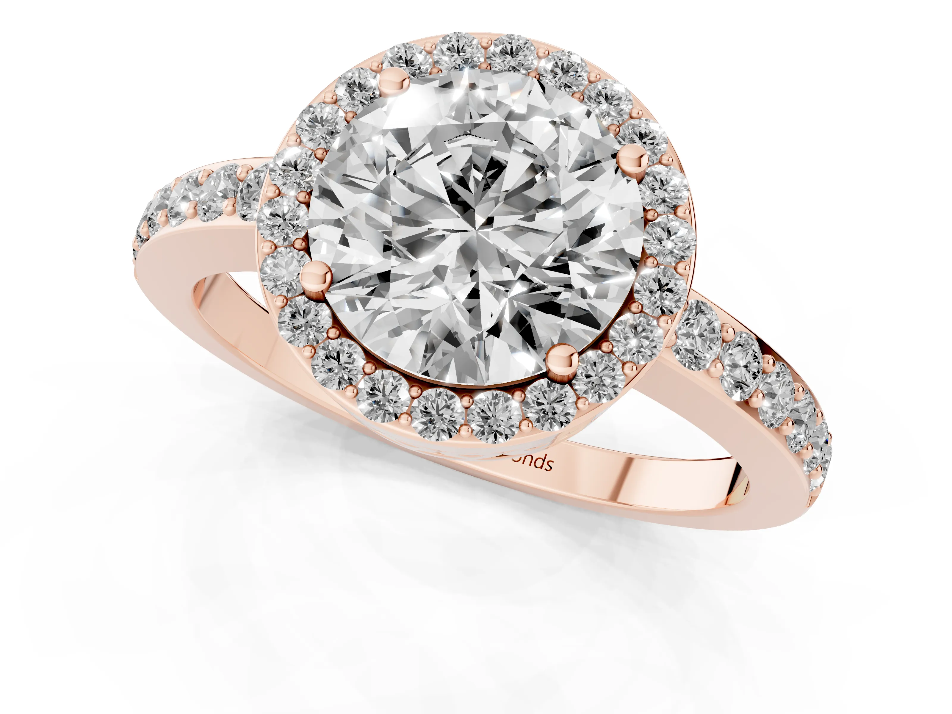 Round Cut Diamond Halo Ring Set in Rose gold with Pavé-Setting Band and Open Prong Center