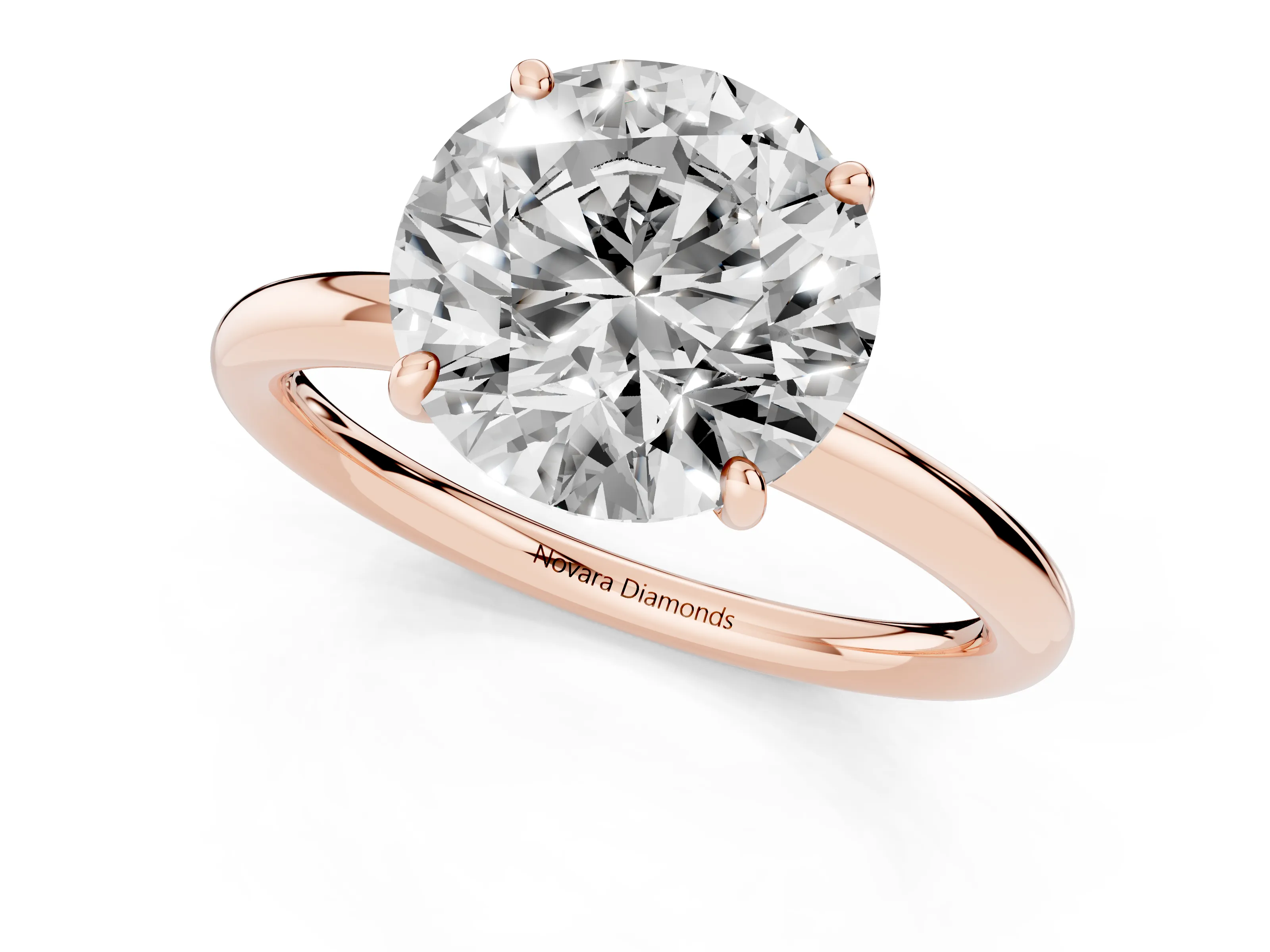 Round Cut Diamond Solitaire Ring Set in Rose gold with Prong Setting on a Polished Plain Band