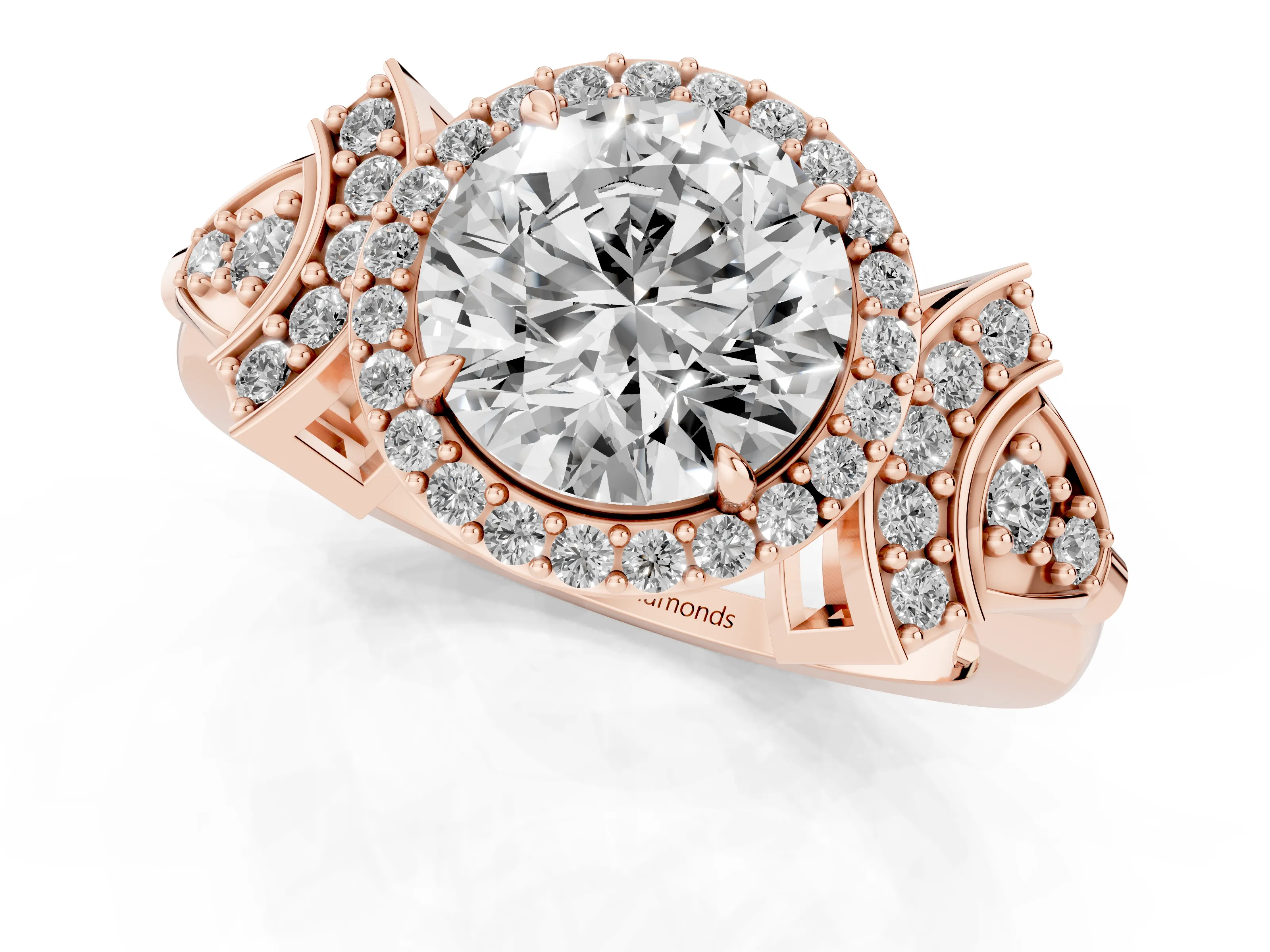Round Cut Diamond Halo Engagement Ring Set in Rose gold with Accent Stone Split Shank