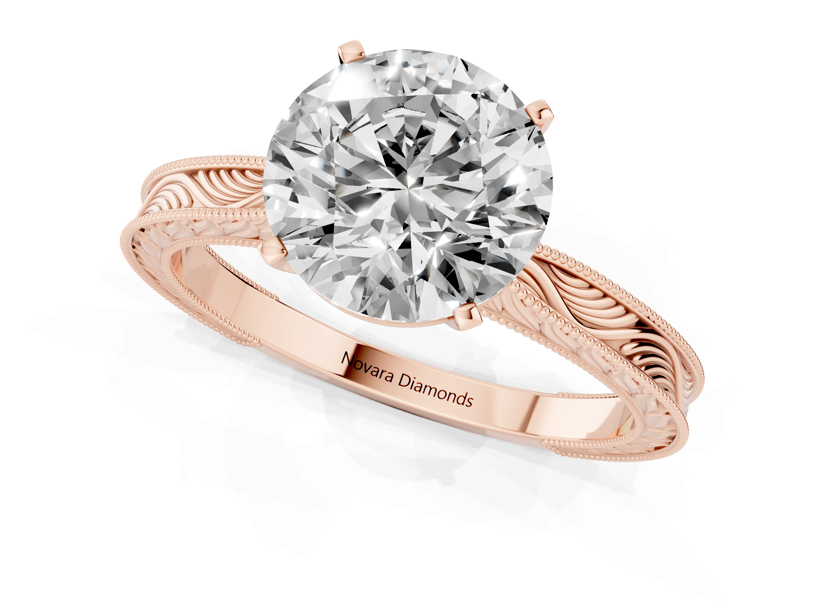 Round Cut Diamond Solitaire Milgrain Engraved Band Set in Rose gold with Prong Setting