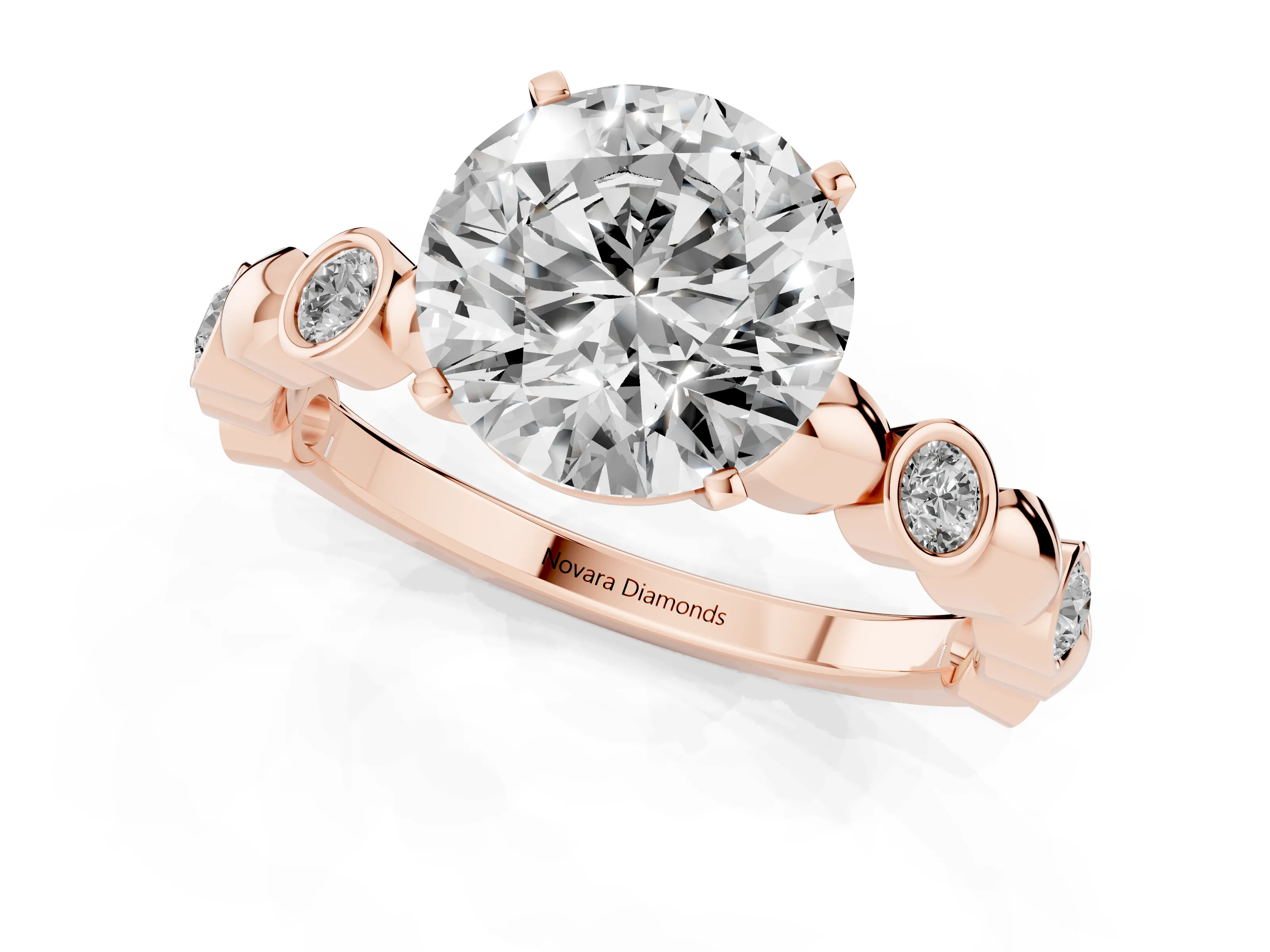 Round Cut Diamond Solitaire Ring Set in Rose gold with Bezel-Set Accents on Beaded Band and Prong Setting