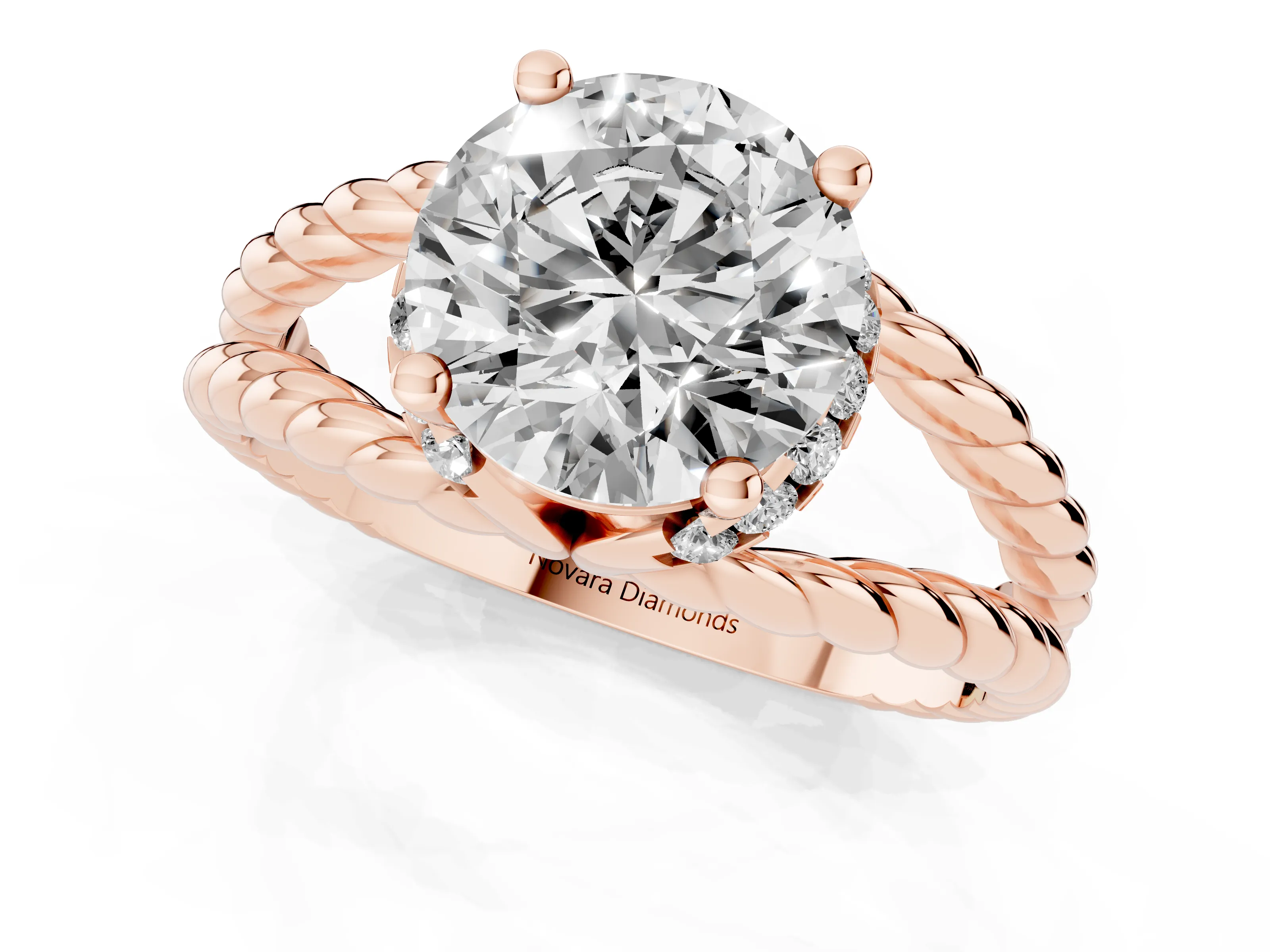 Round Cut Diamond Halo Ring Set in Rose gold with Twisted Band and Prong Setting