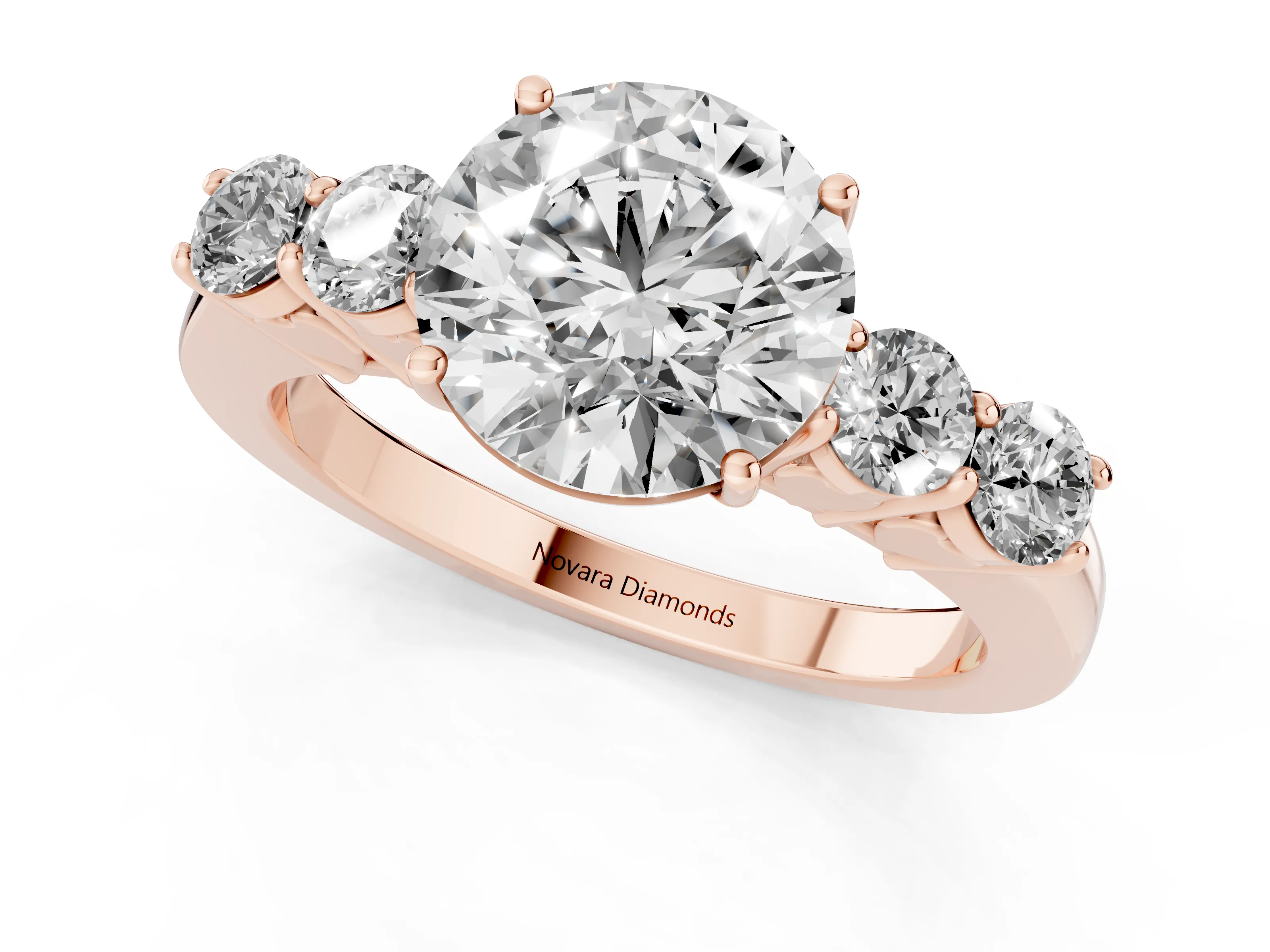 Round Cut Diamond Five-Stone Prong Set Band Ring Set in Rose gold with Polished Band