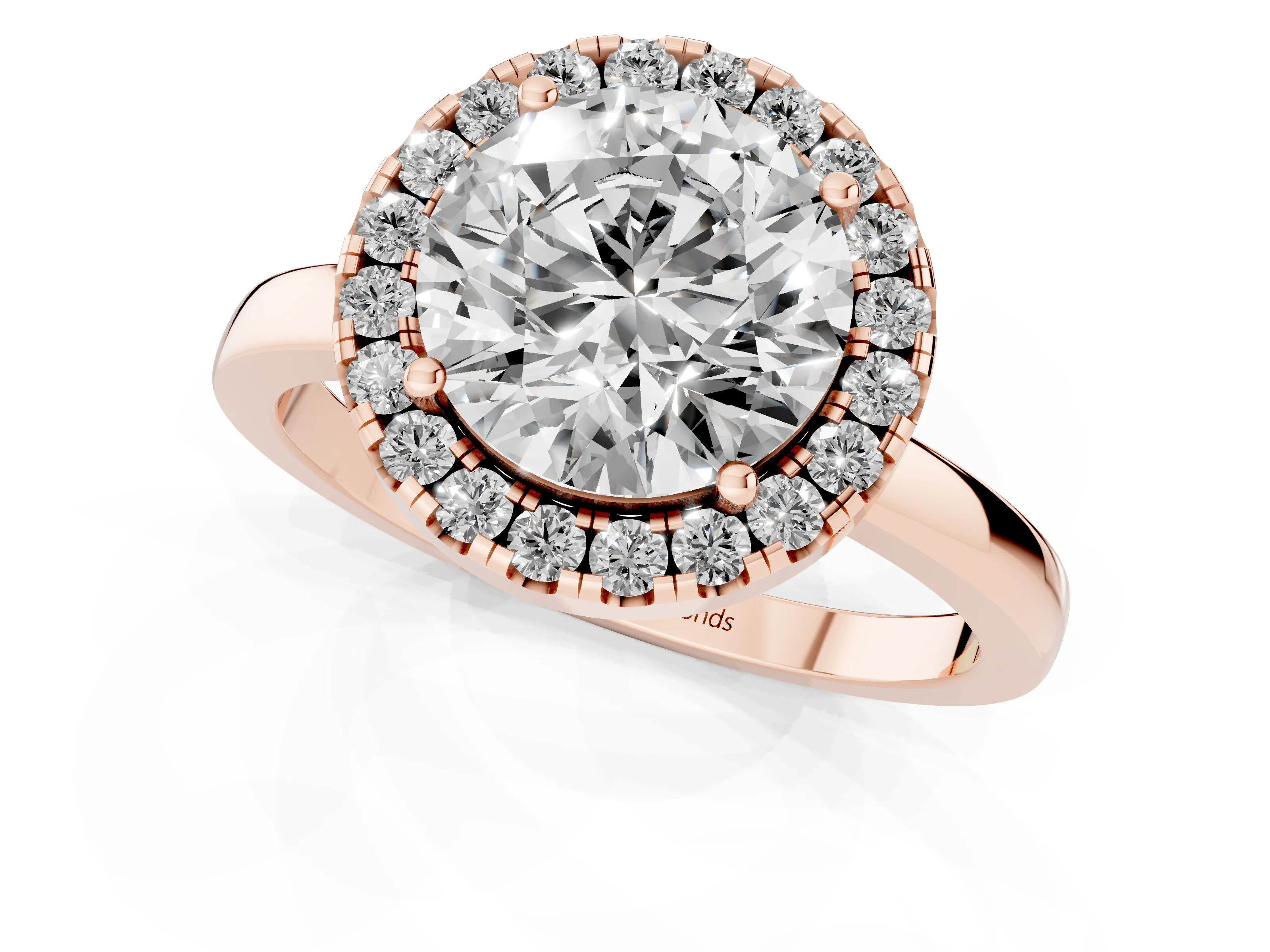 Round Cut Diamond Halo Solitaire Ring Set in Rose gold with Pavé Band and Prong Setting