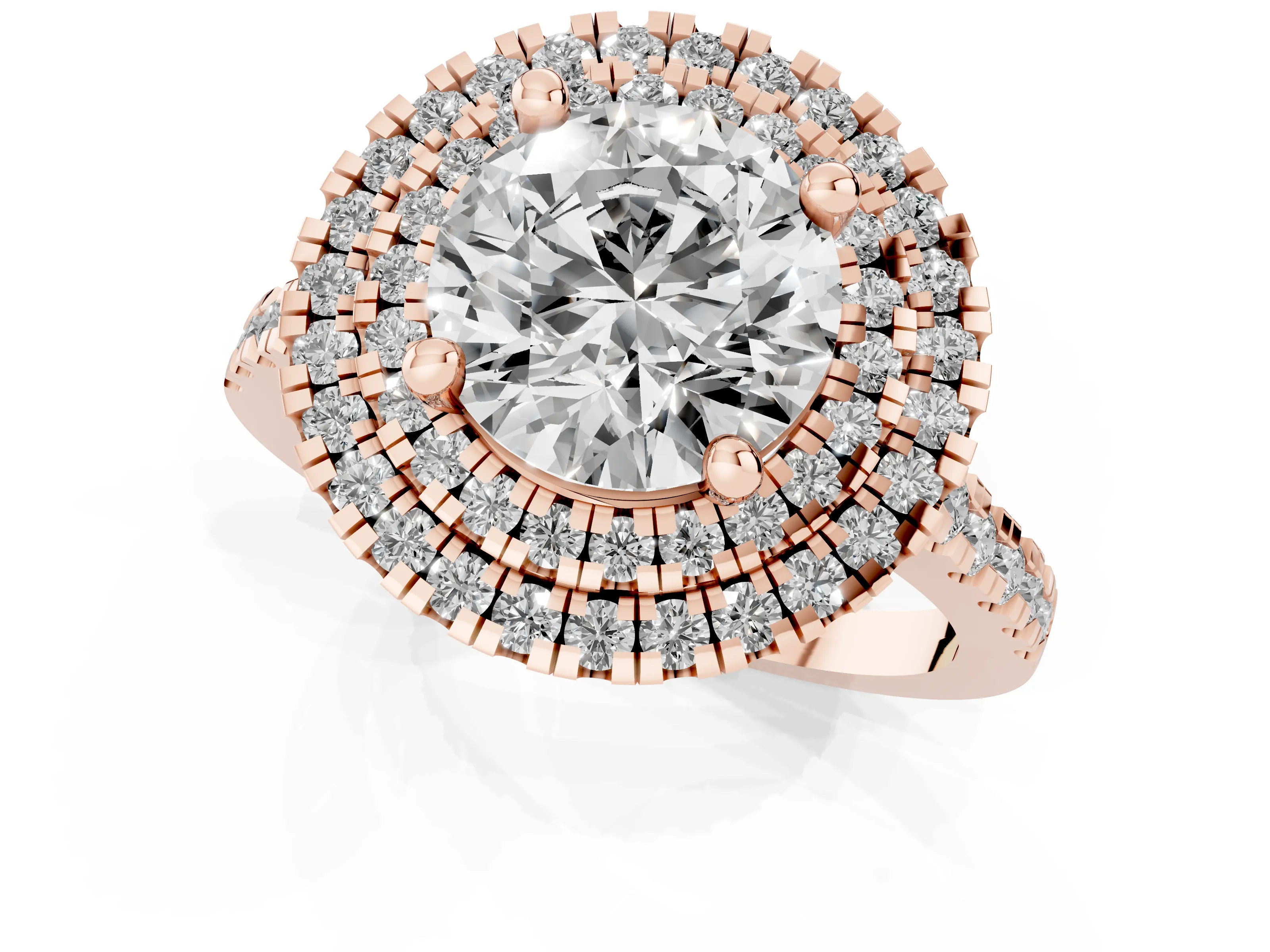 Round Cut Diamond Double Halo Statement Ring Set in Rose gold with Pavé Band