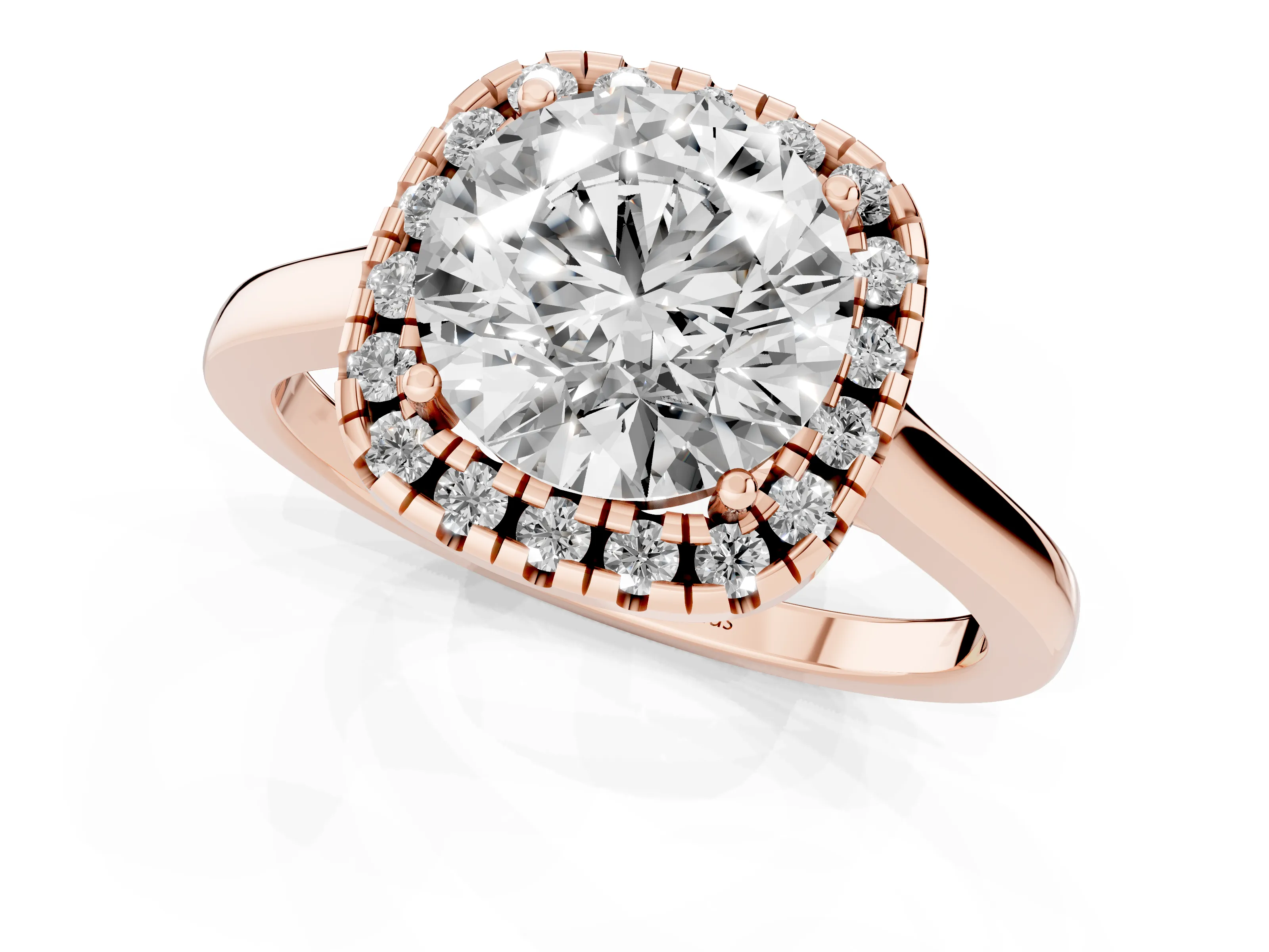 Round Cut Halo Round Diamond Solitaire Ring Set in Rose gold with Pavé Band and Prong Setting