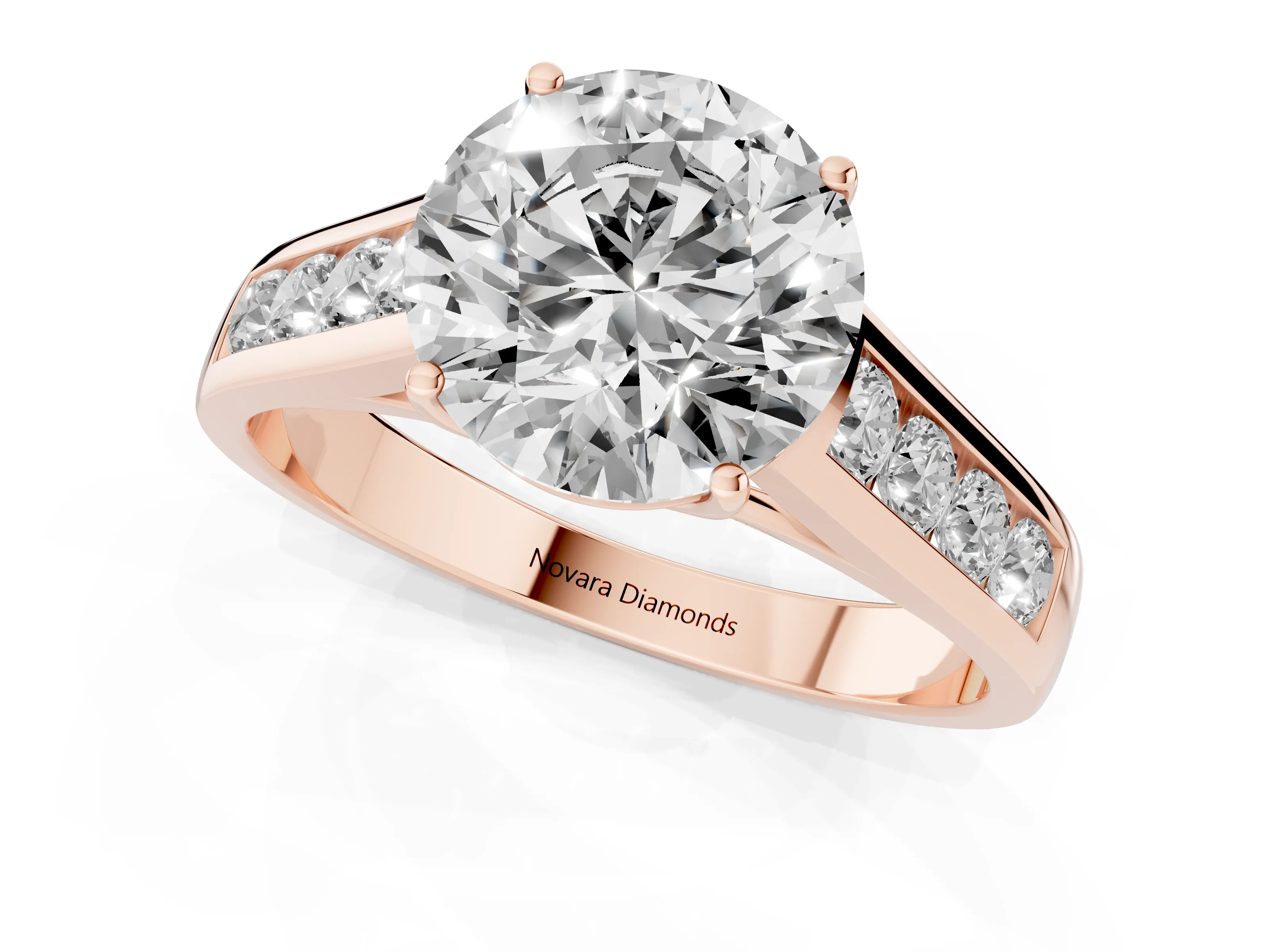Round Cut Diamond Solitaire Channel-Set Engagement Ring Set in Rose gold with Prong Setting