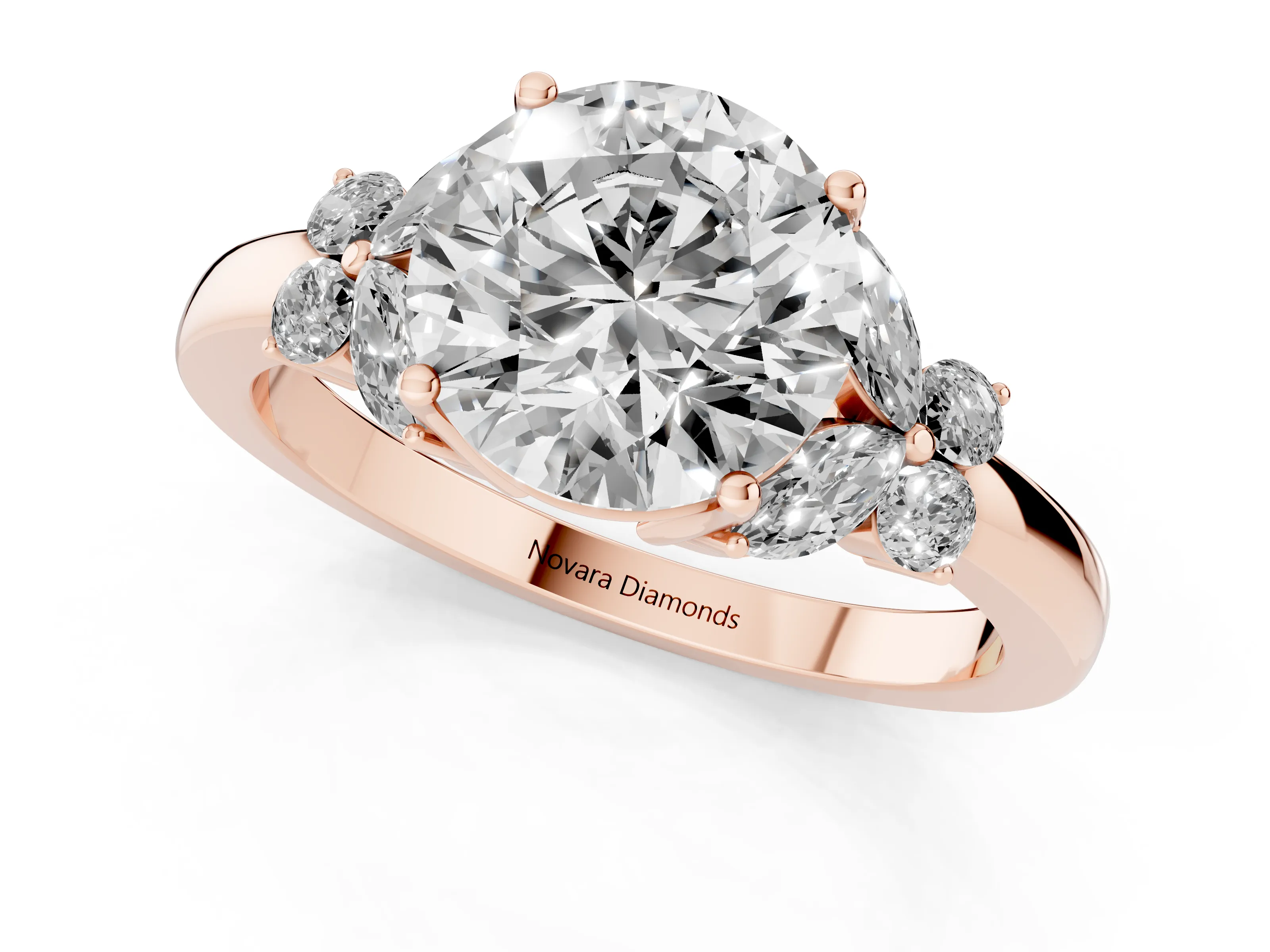 Round Cut Diamond Solitaire Floral Ring Set in Rose gold with Marquise Petals and Prong Setting – second view
