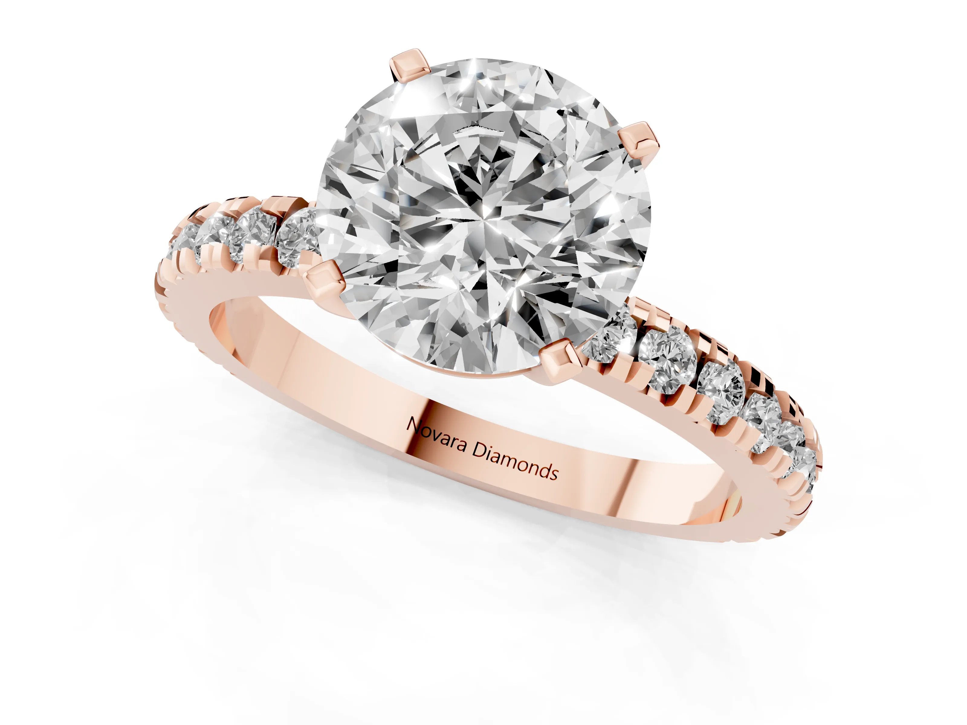 Round Cut Diamond Pavé Band Solitaire Set in Rose gold with Prong Setting