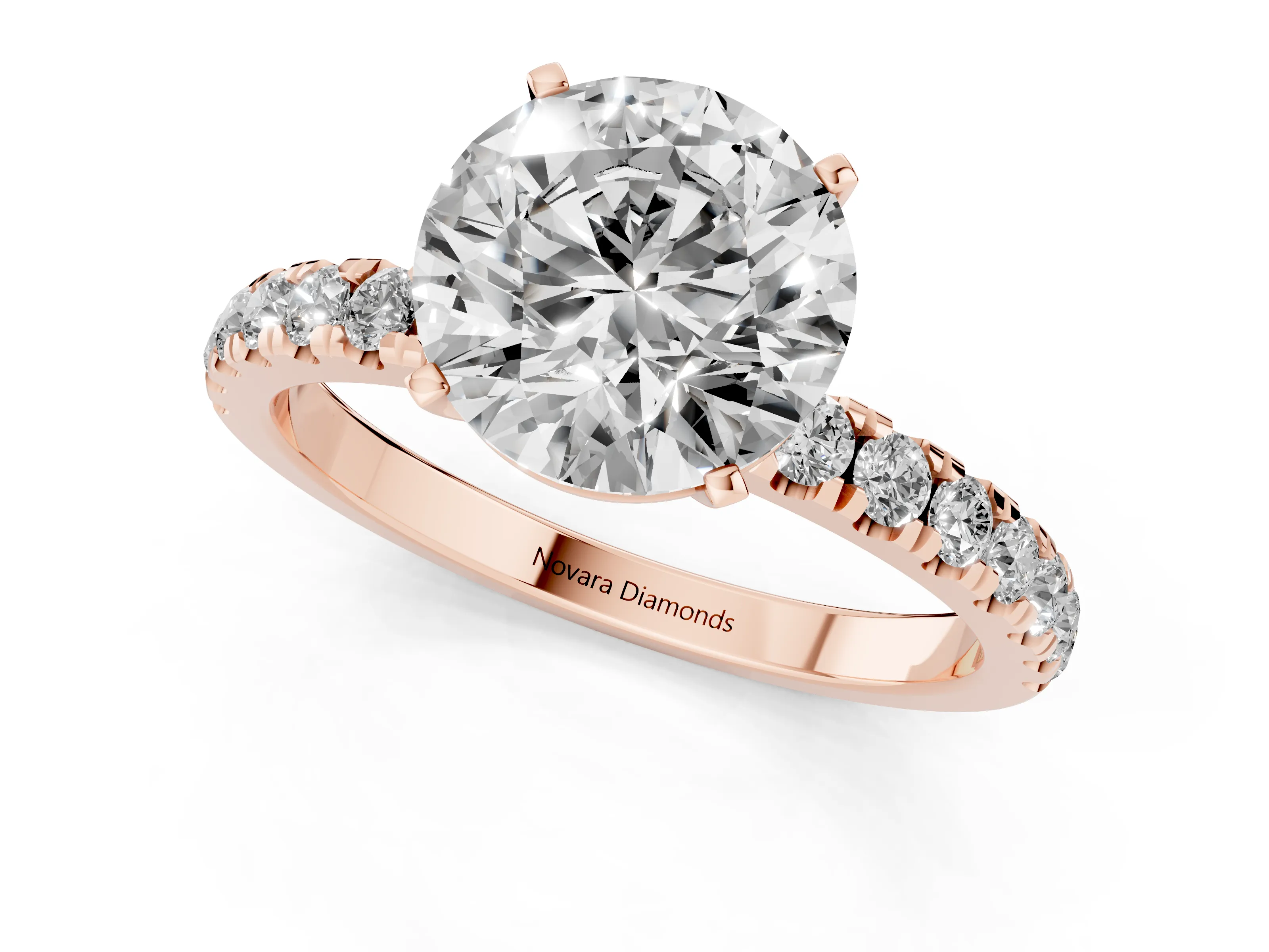 Round Cut Diamond Solitaire Ring Set in Rose gold with Pavé Accents and Prong Setting