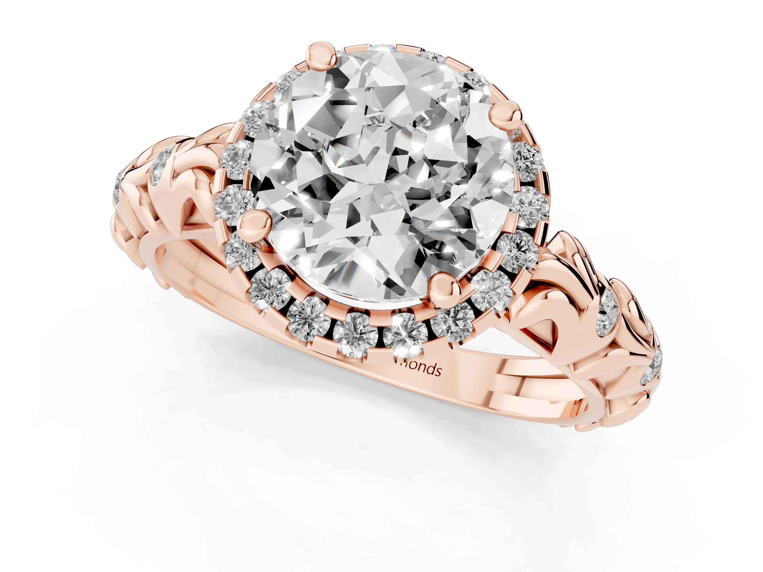 Round Cut Diamond Halo Ring Set in Rose gold with Filigree Leaf Band and Prong Setting