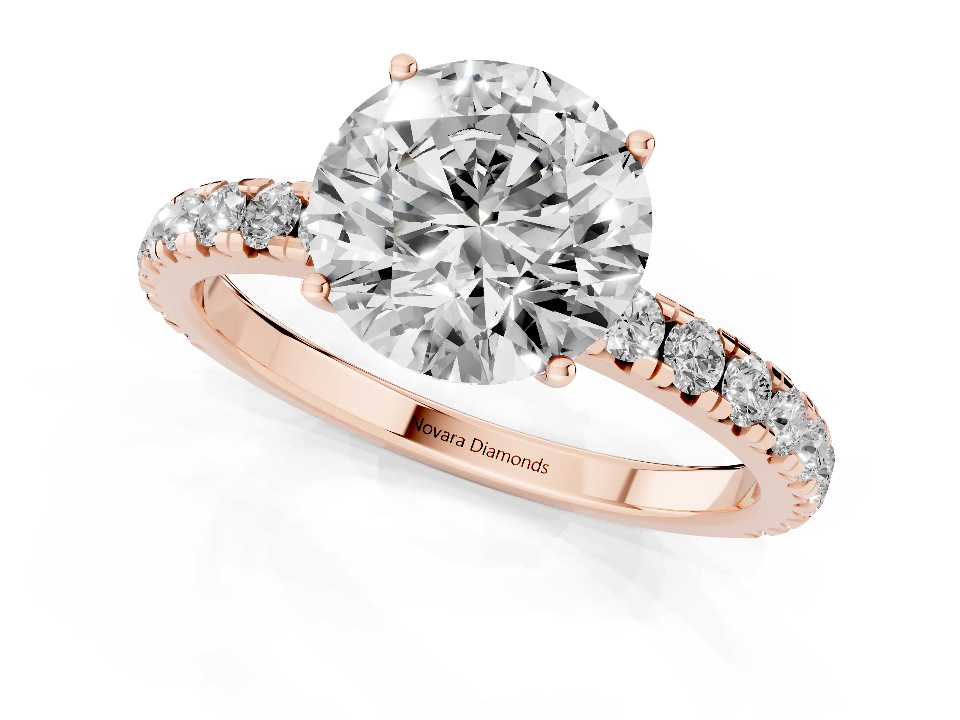 Round Cut Diamond Pavé Solitaire Engagement Ring Set in Rose gold with Prong Setting