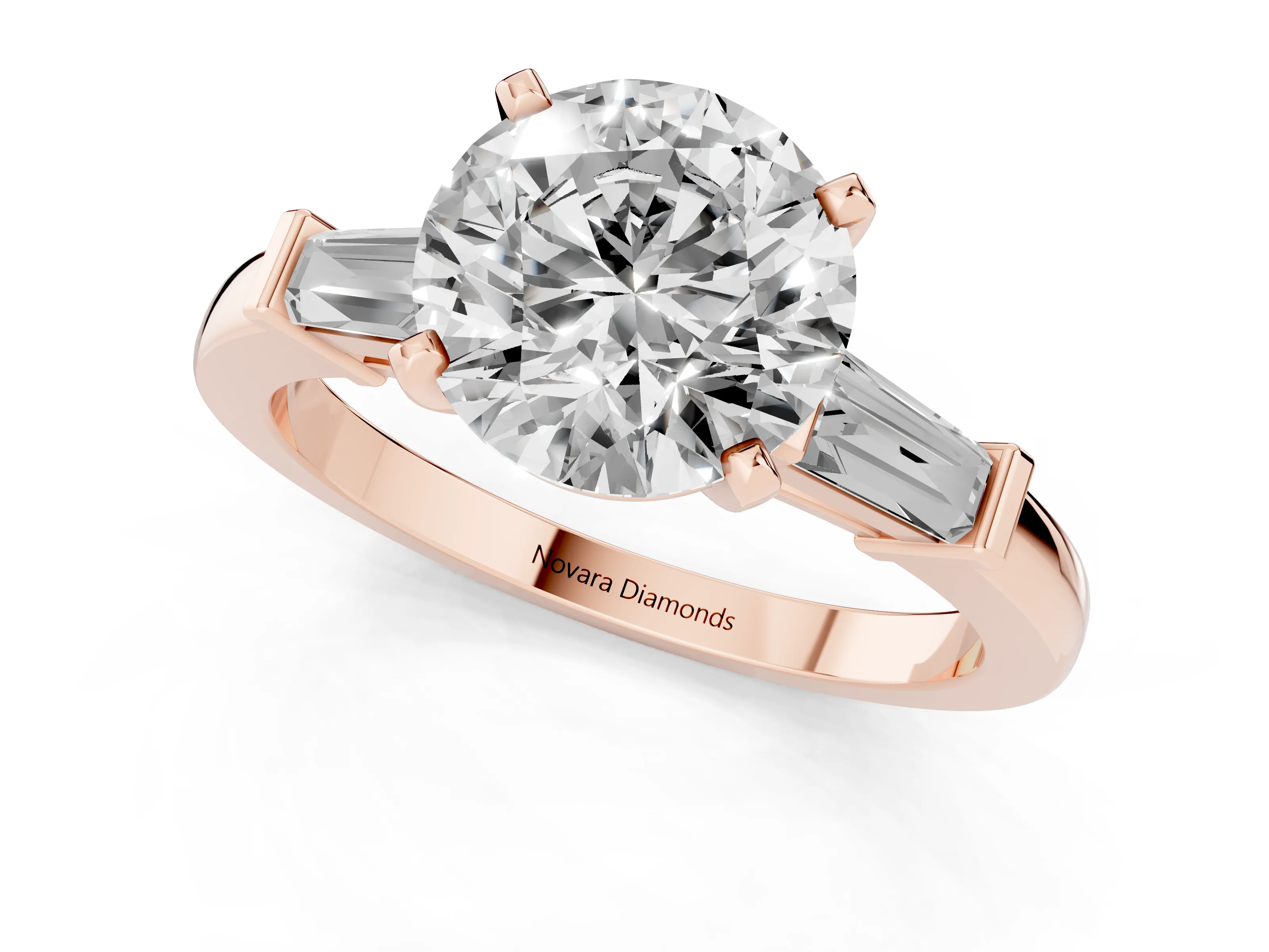 Round Cut Diamond Solitaire Ring Set in Rose gold with Tapered Baguette Accents and Prong Setting