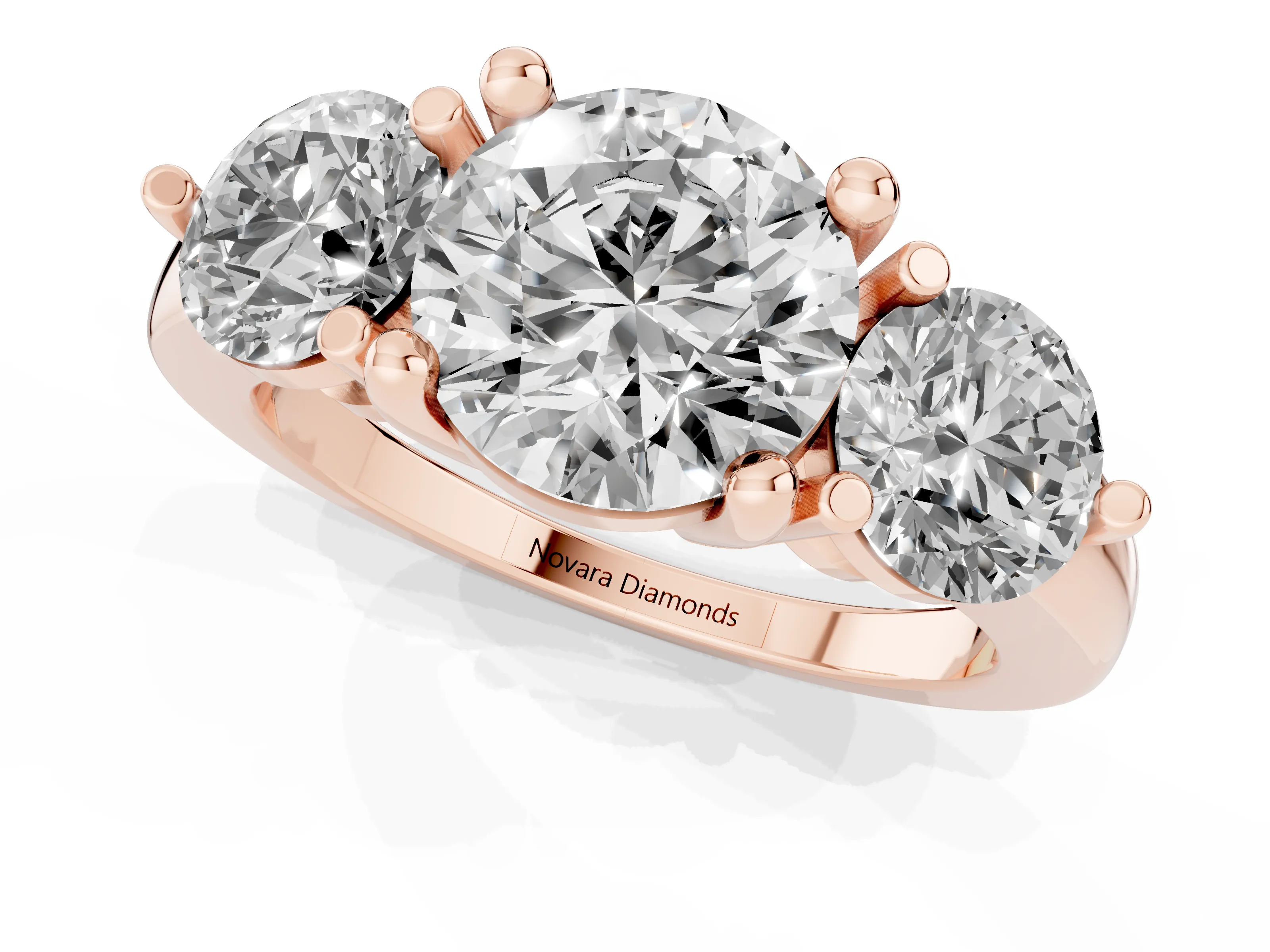 Round Cut Diamond Three-Stone Ring Set in Rose gold with Prong Setting and Classic Band – second view