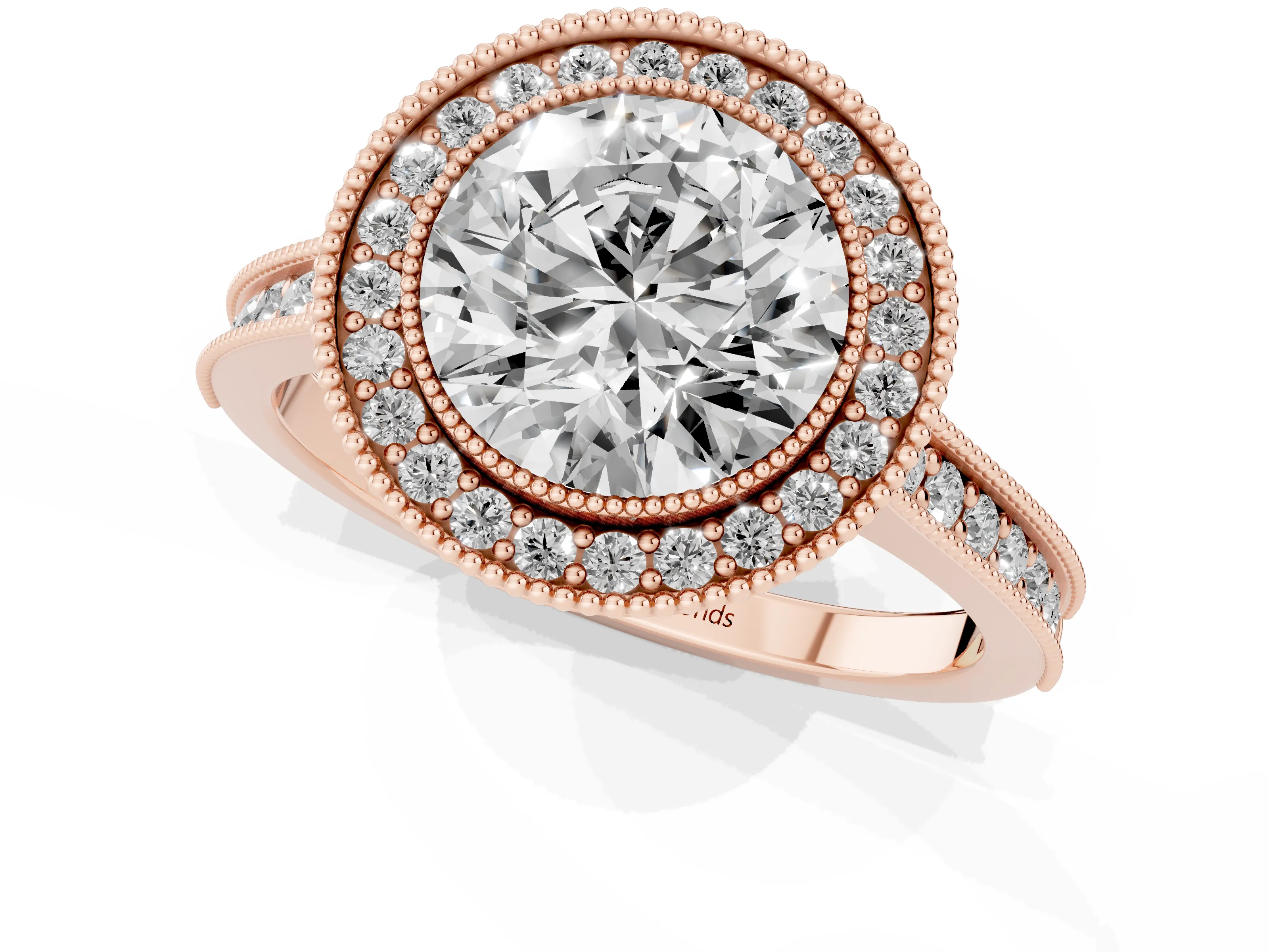 Round Cut Diamond Halo Milgrain Pavé Band Ring Set in Rose gold with Prong Setting