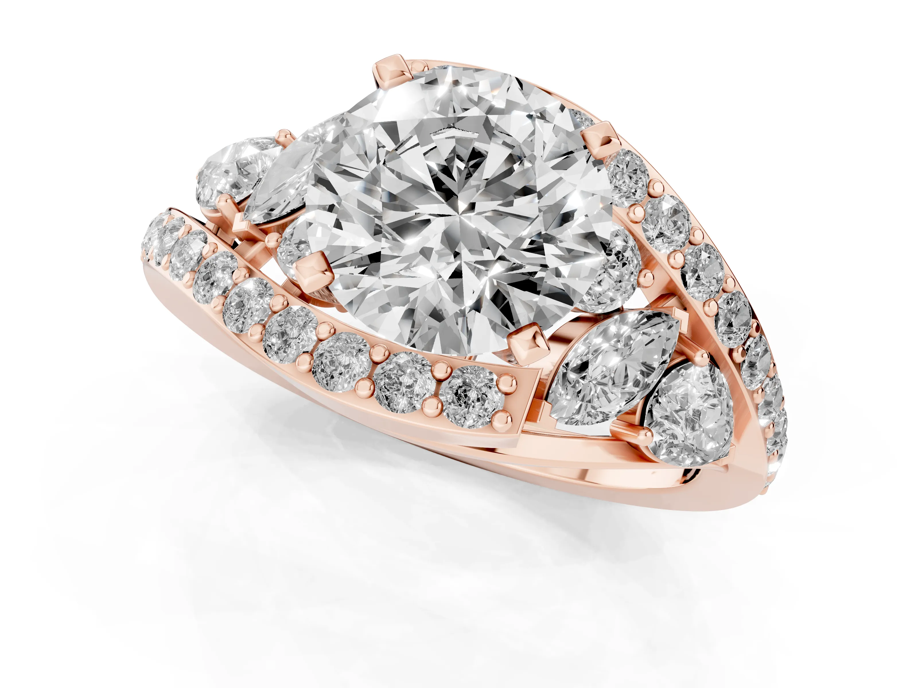 Round Cut Diamond Halo Ring Set in Rose gold with Marquise and Pavé Band in Prong Setting