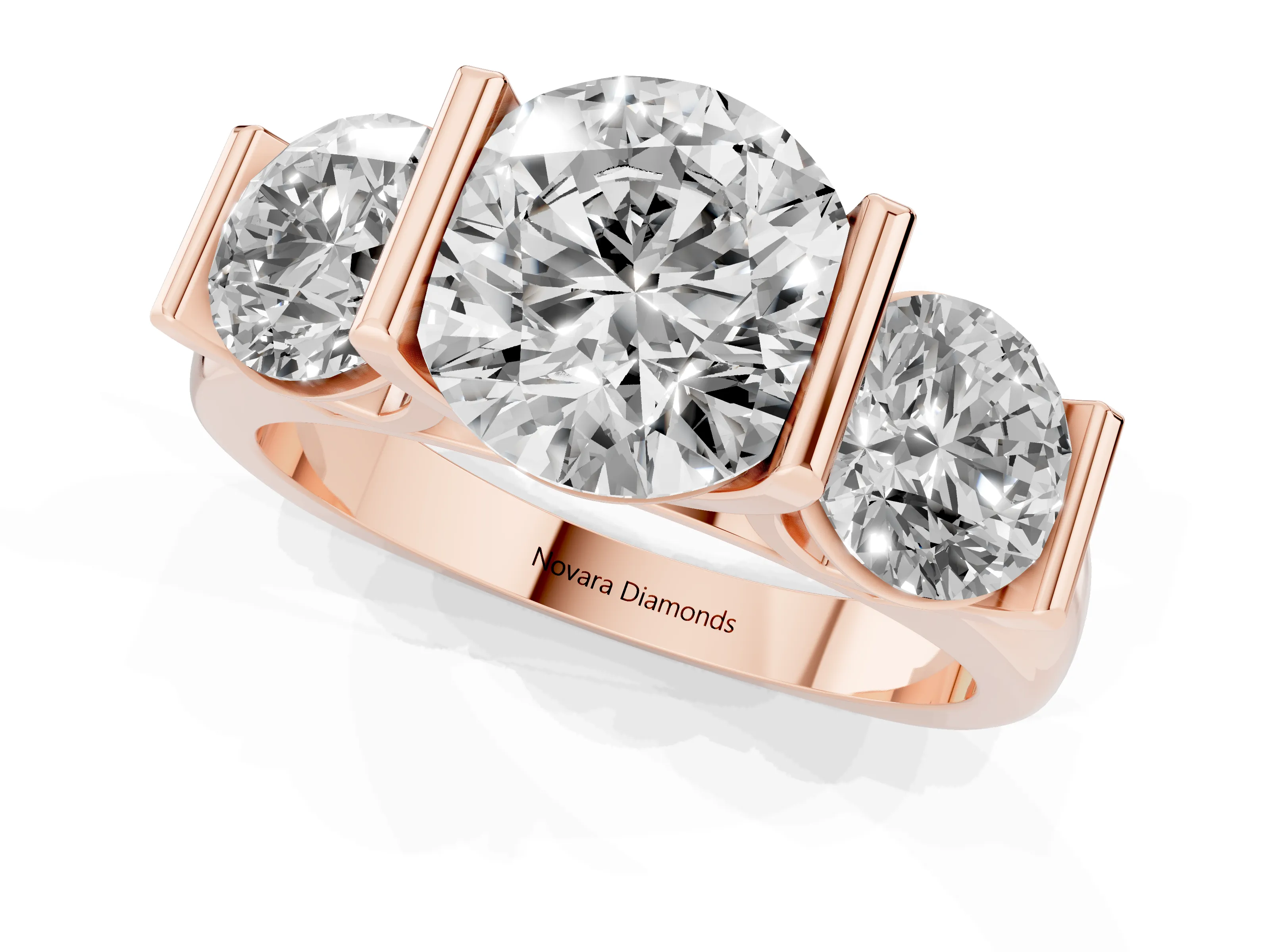 Round Cut Diamond Three-Stone Channel Set Ring Set in Rose gold – second view