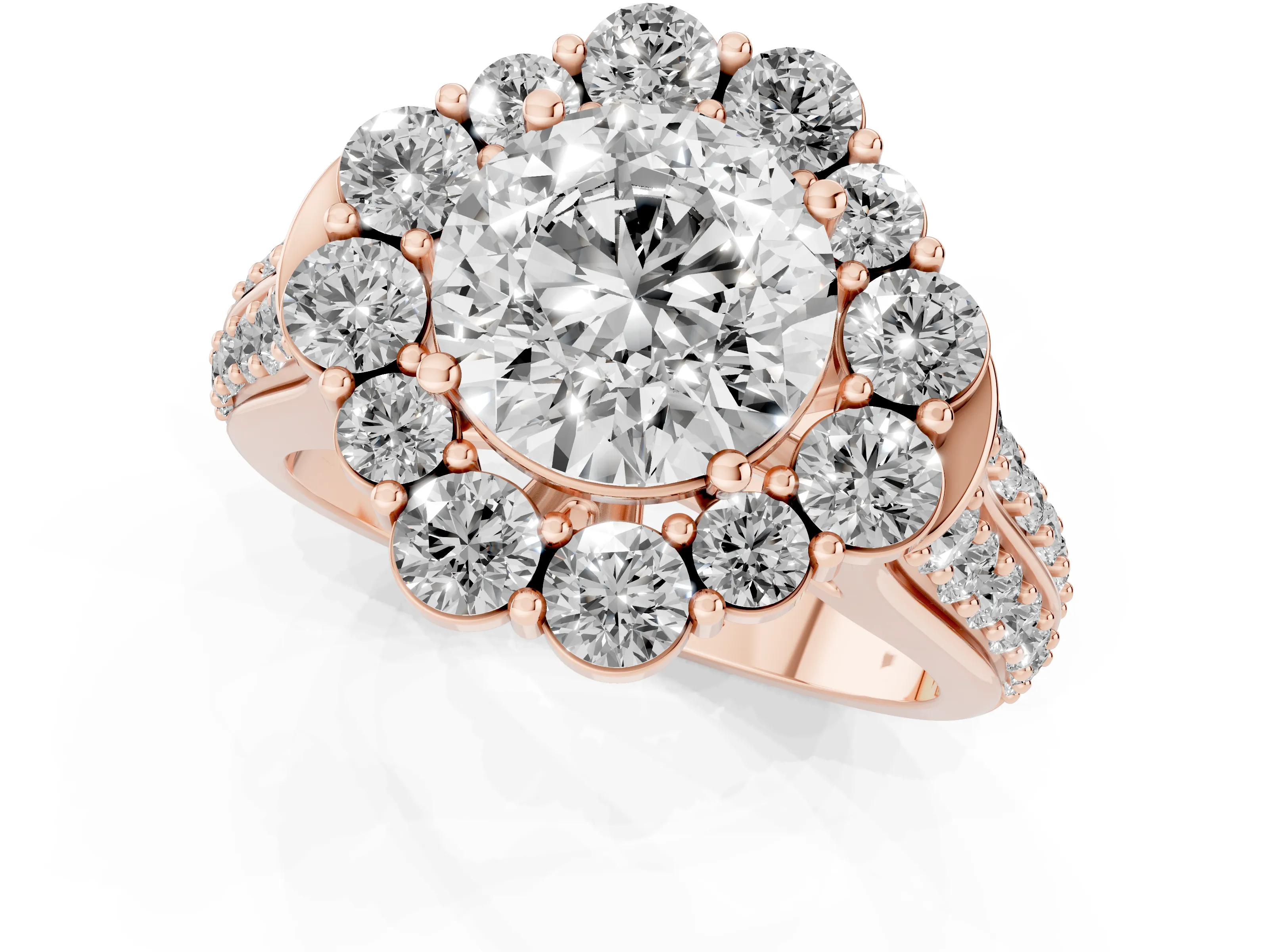 Round Cut Diamond Halo Engagement Ring Set in Rose gold with Split Shank and Prong Setting
