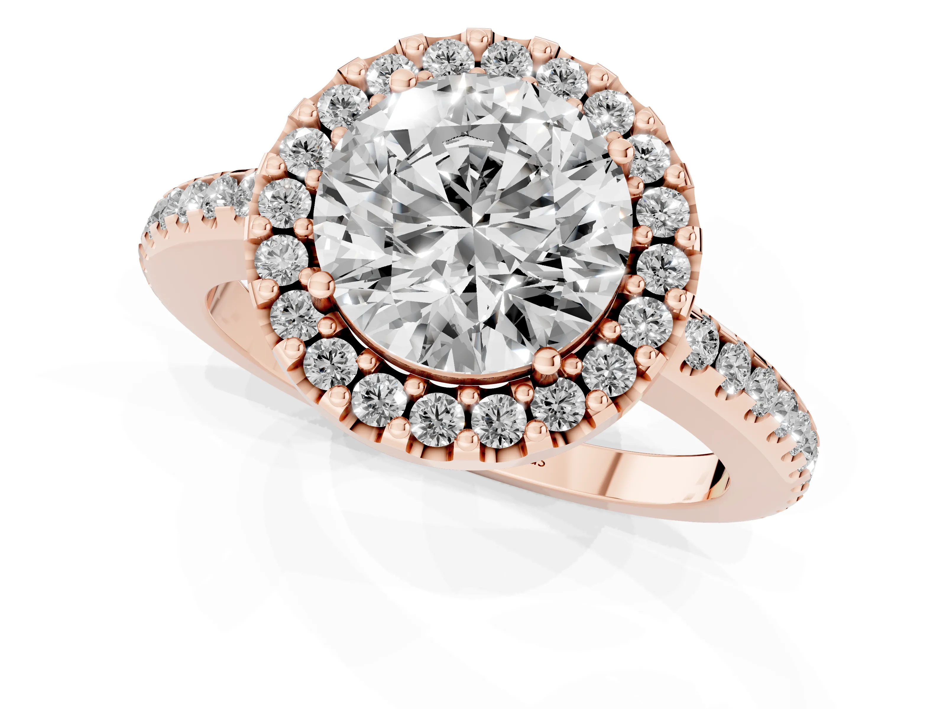 Round Cut Diamond Pavé Halo Ring Set in Rose gold with Prong Setting