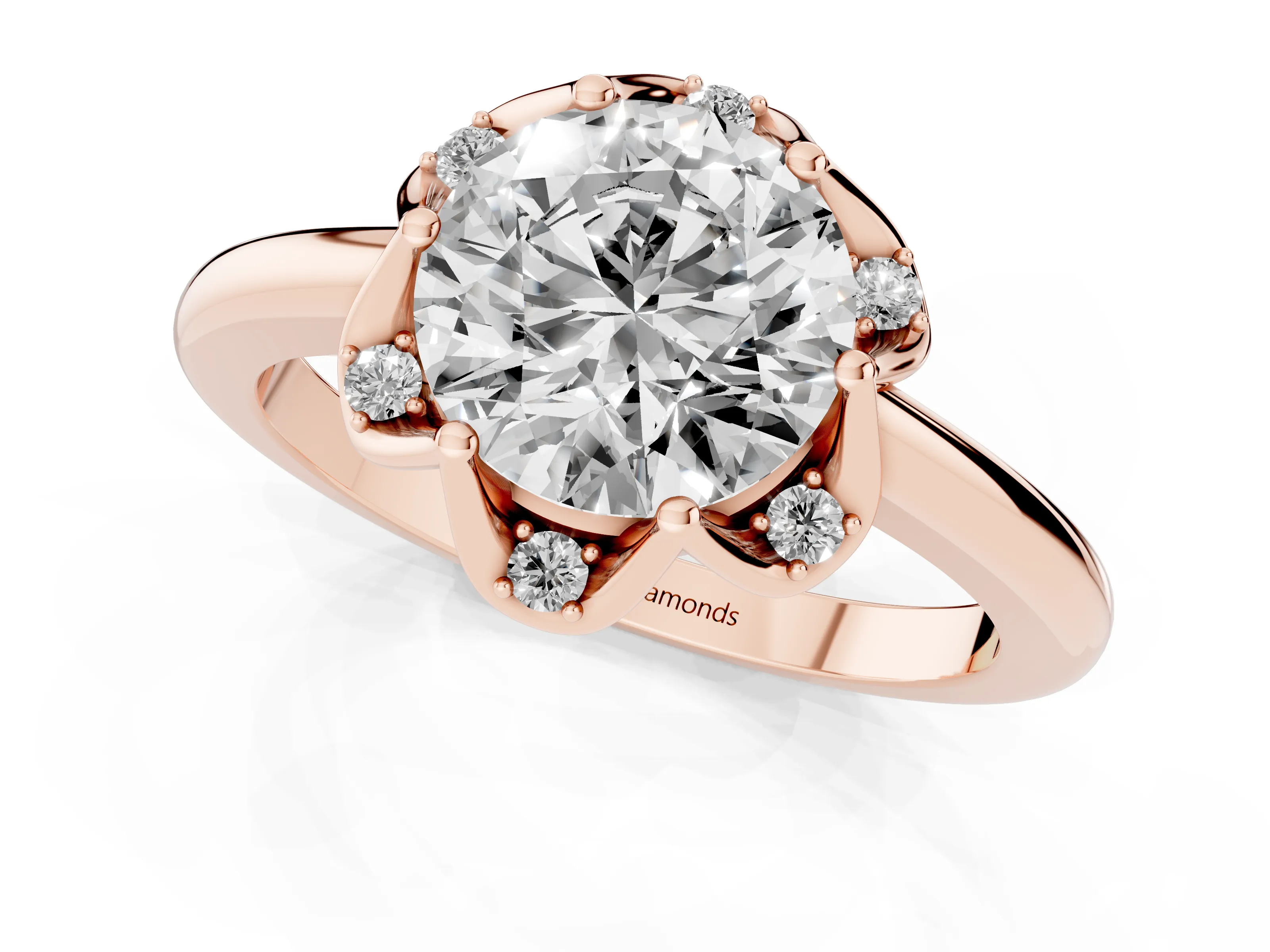 Round Cut Diamond Round Cluster Halo Ring Set in Rose gold with Solitaire Band and Prong Setting