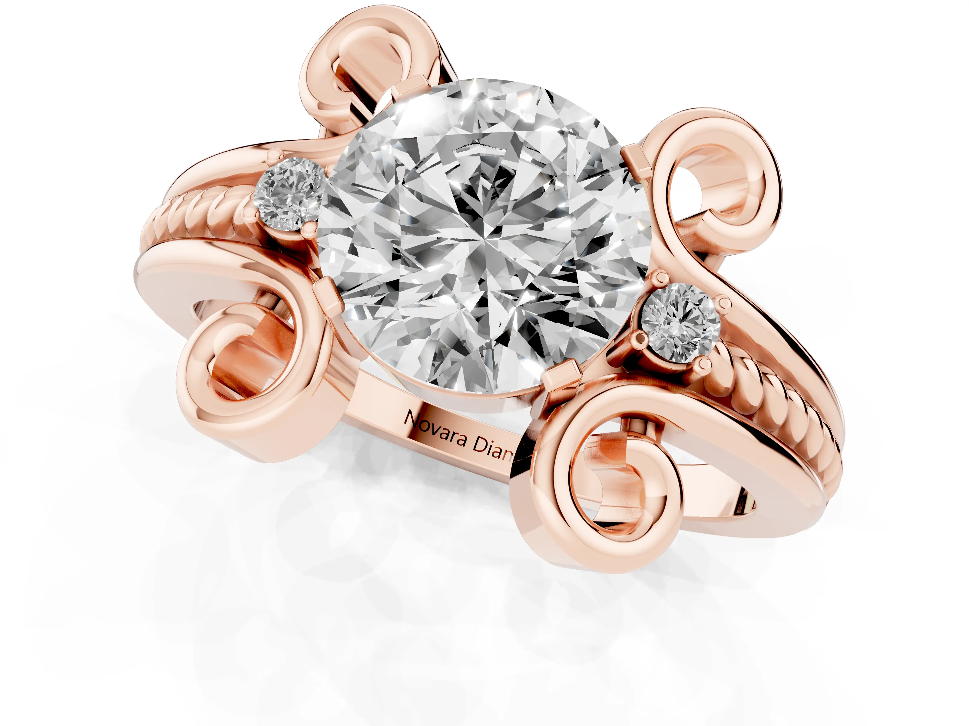 Round Cut Diamond Twisted Band Solitaire Ring Set in Rose gold with Scroll Prongs