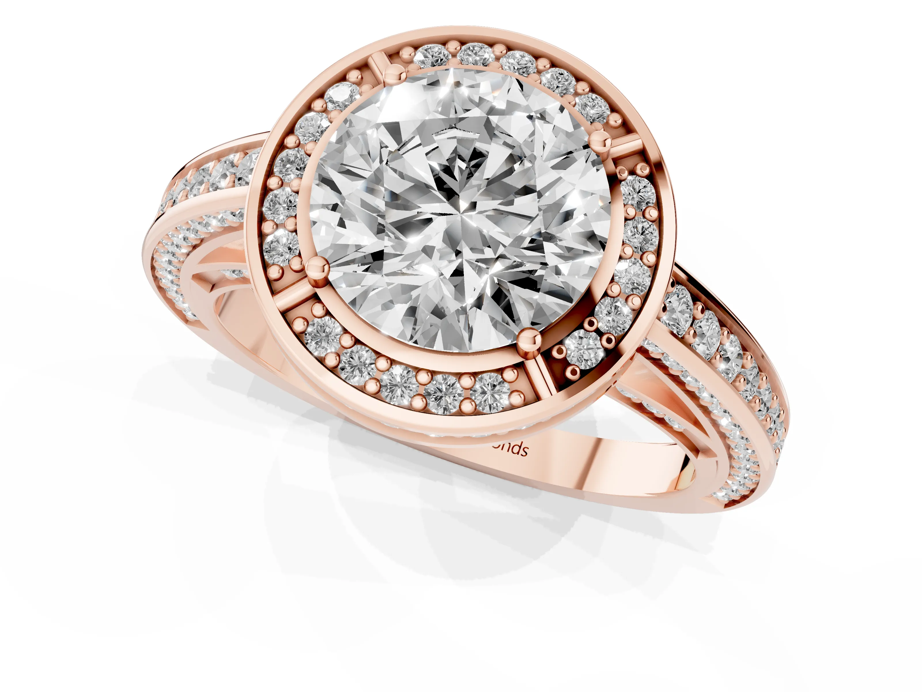 Round Cut Diamond Halo Pavé Split Shank Ring Set in Rose gold with Prong Setting