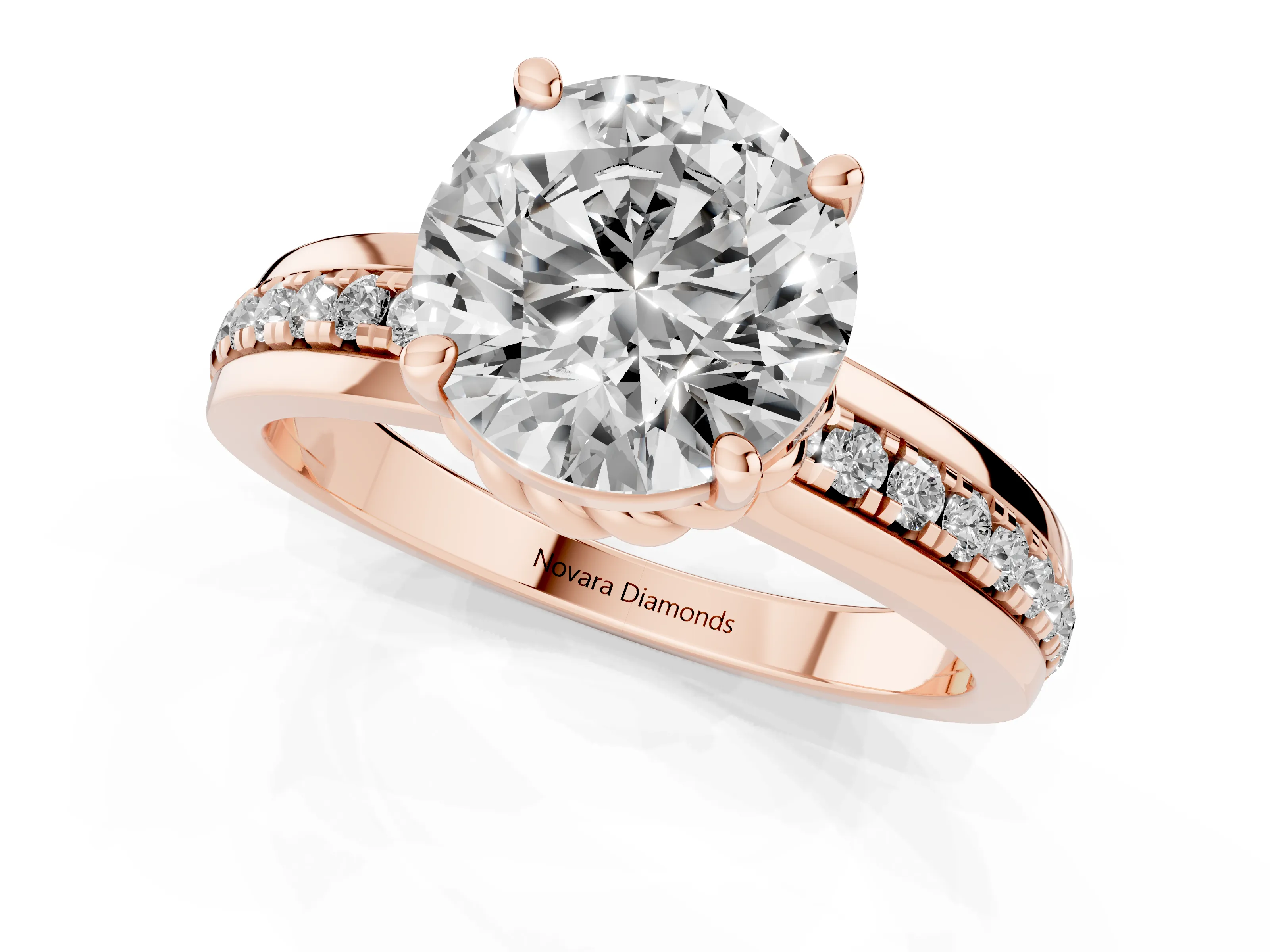 Round Cut Diamond Solitaire Ring Set in Rose gold with Channel Set Band and Prong Setting