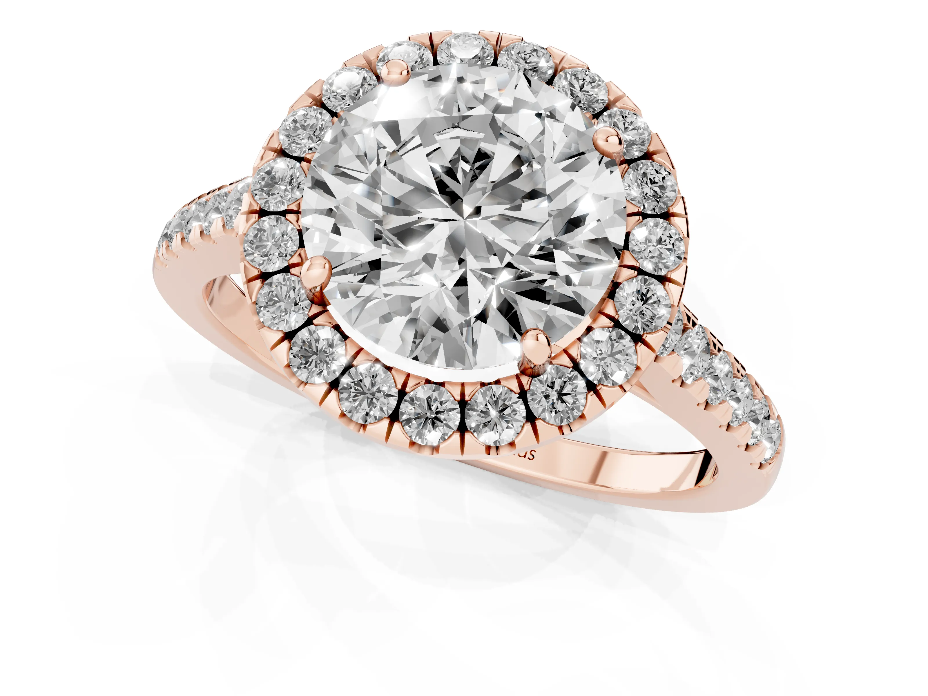 Round Cut Diamond Halo Pavé Engagement Ring Set in Rose gold with Prong Setting