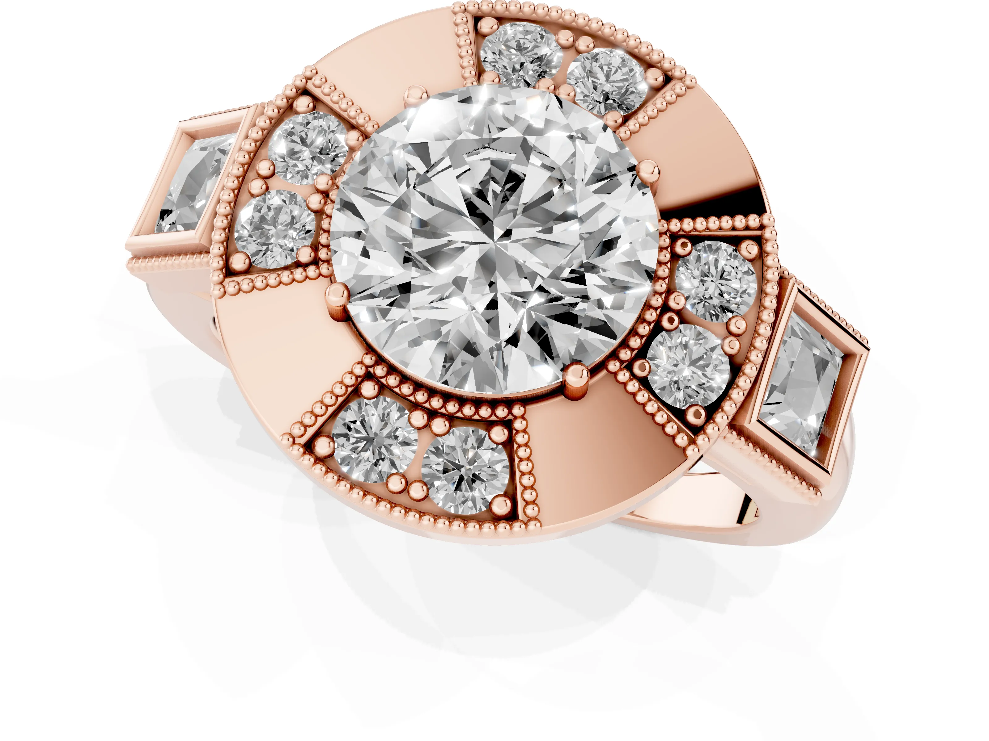 Round Cut Diamond Milgrain Halo Ring Set in Rose gold with Split Shank