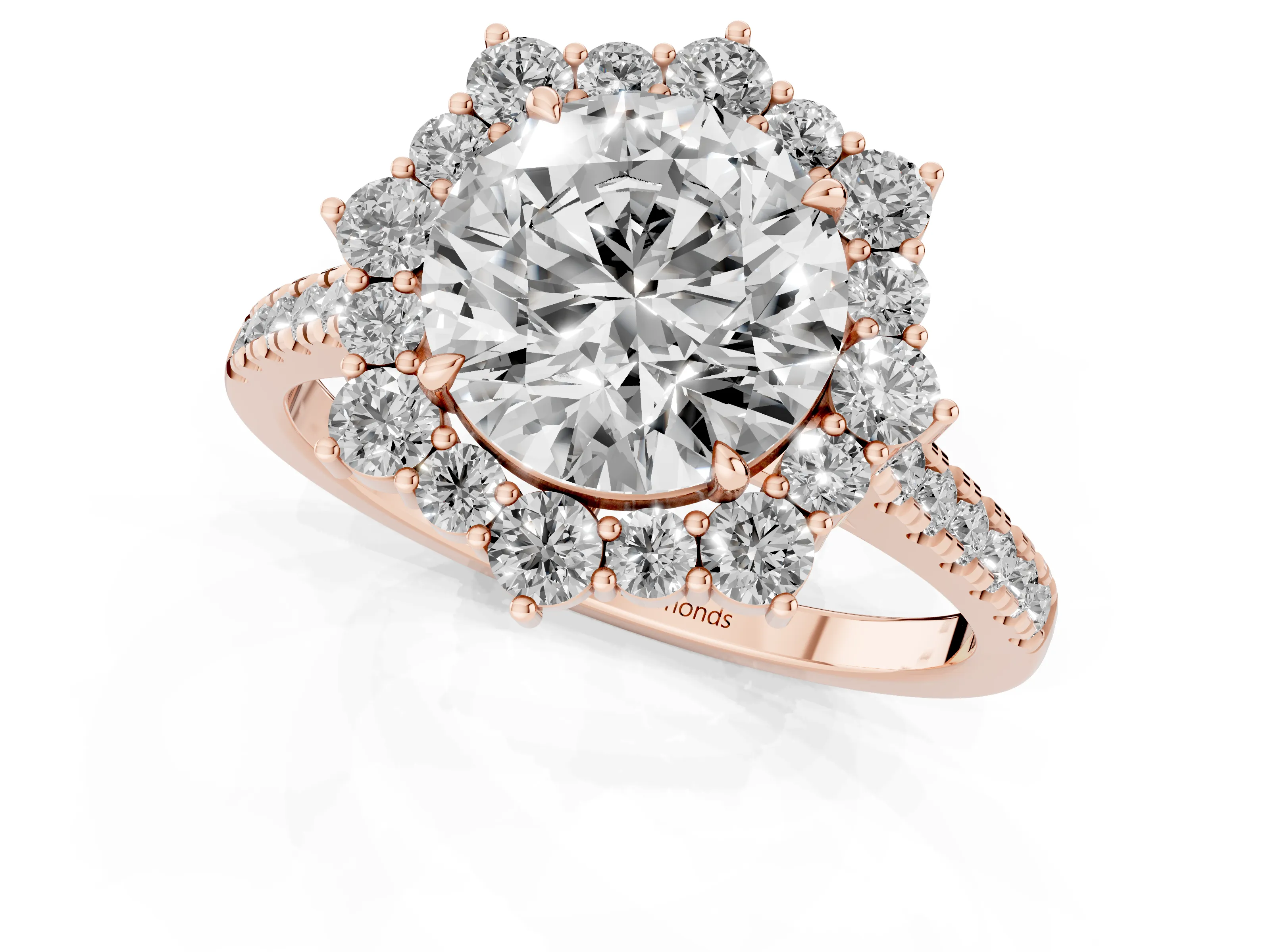 Round Cut Diamond Halo Ring Set in Rose gold with Pavé Band and Prong Setting