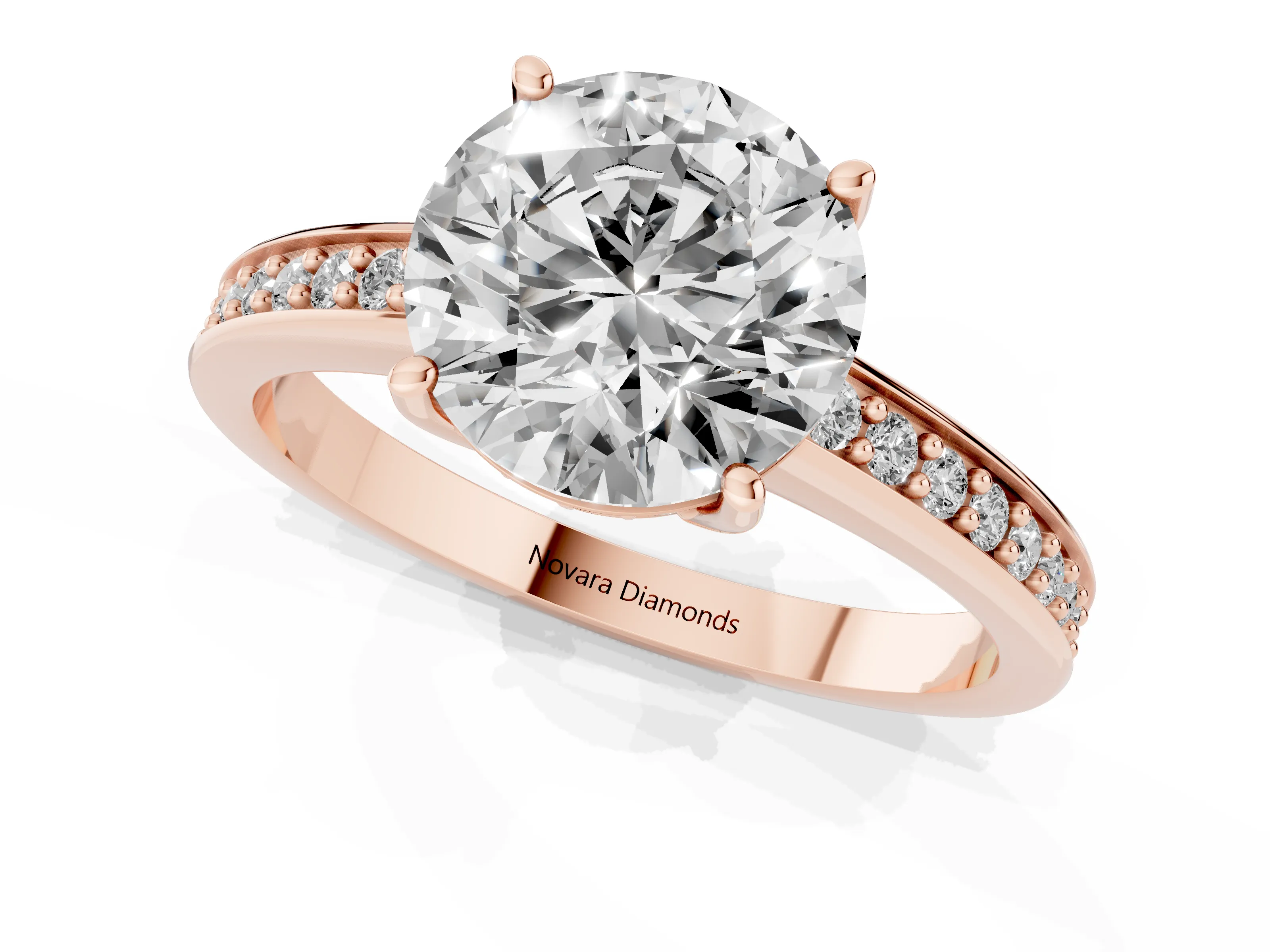 Round Cut Diamond Pavé Band Prong Set Solitaire Ring Set in Rose gold