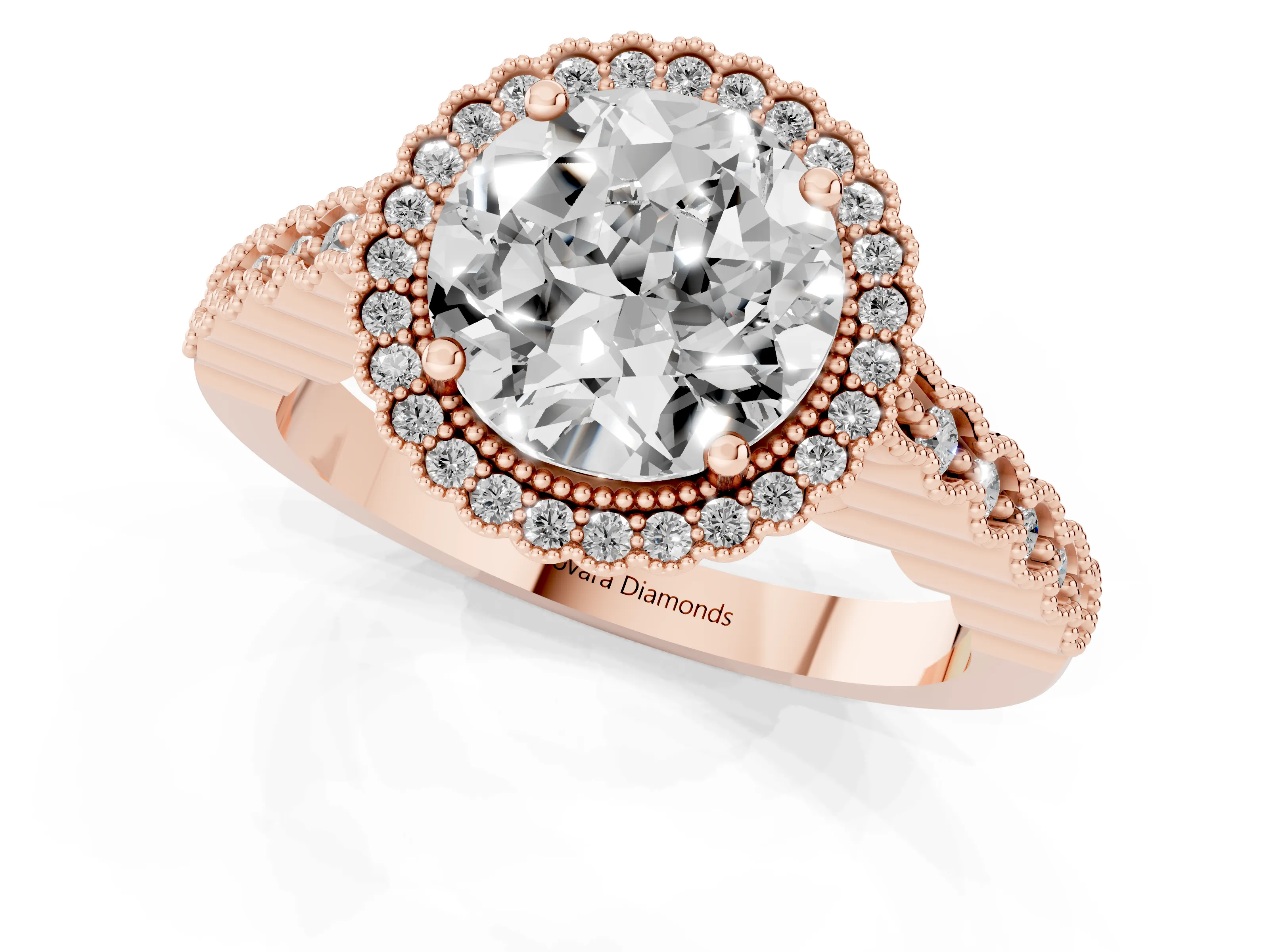 Round Cut Diamond Halo Ring Set in Rose gold with Pavé Milgrain Band