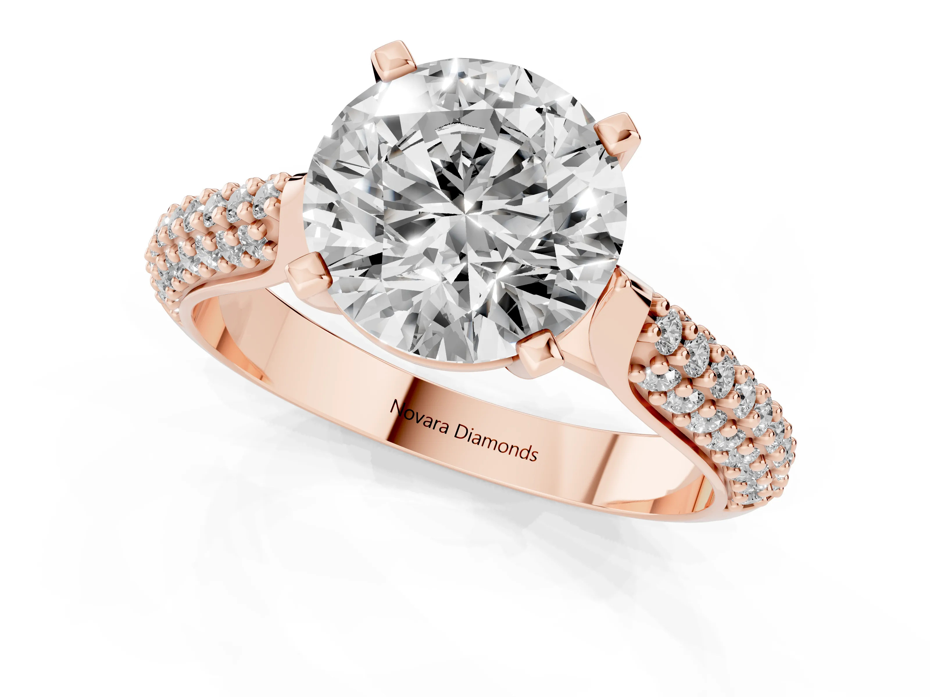 Round Cut Diamond Solitaire Engagement Ring Set in Rose gold with Multi-Row Round Pavé Band and Prong Setting