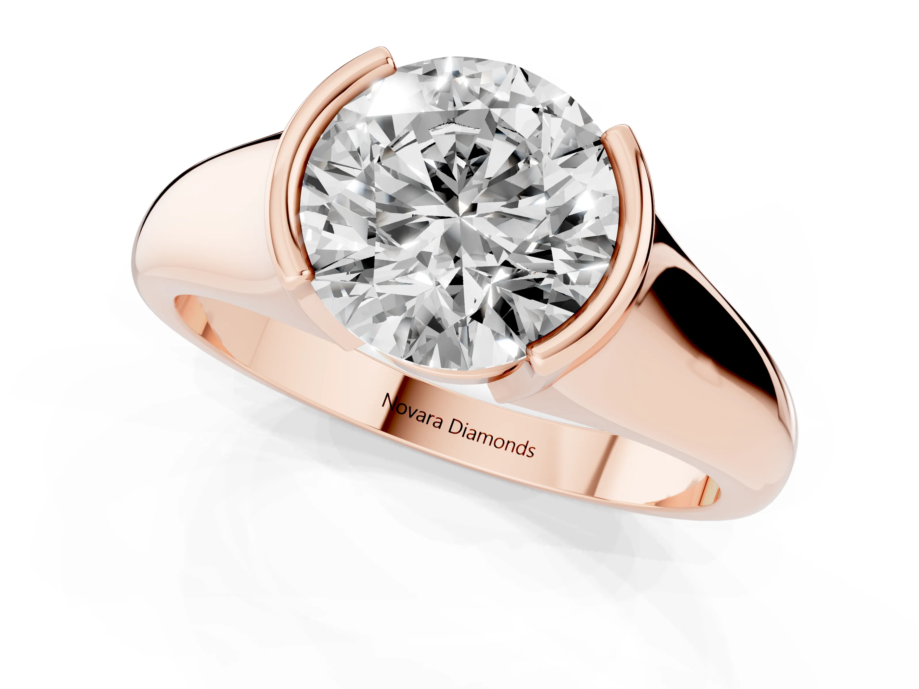 Round Cut Diamond Solitaire Tension Set Ring Set in Rose gold with Split Shank Band