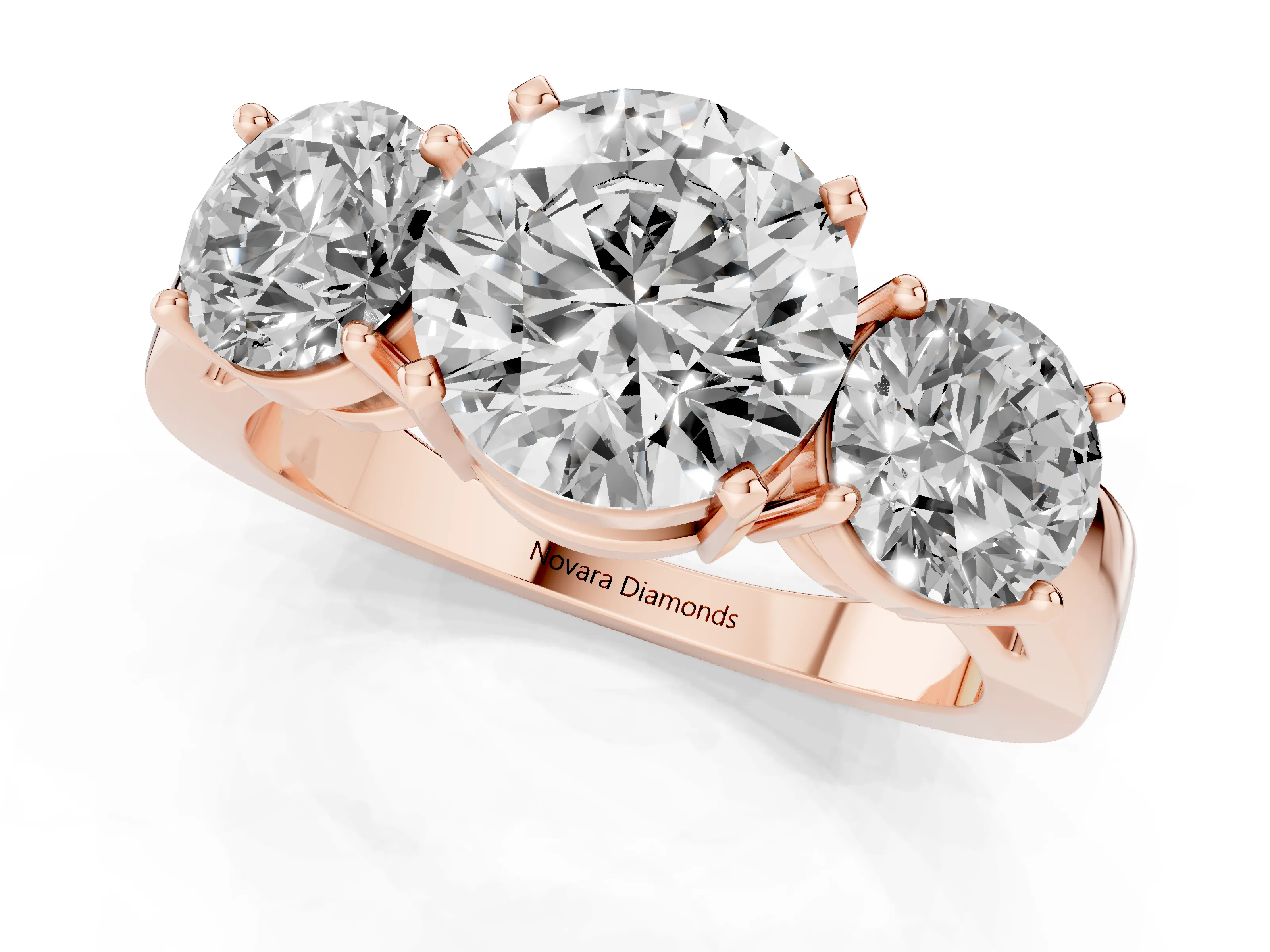 Round Cut Diamond Three-Stone Ring Set in Rose gold with Round Side Stones and Classic Band