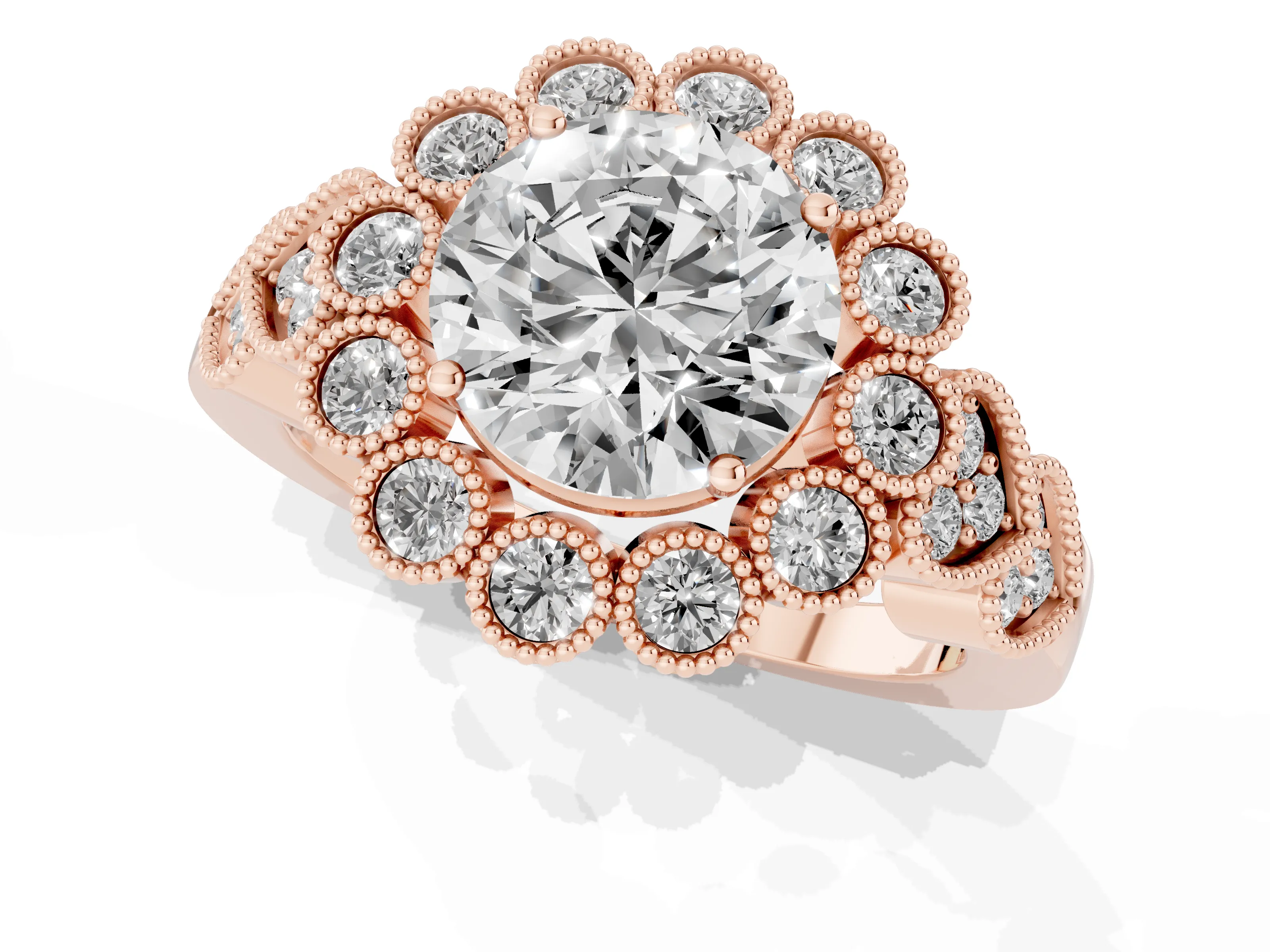 Round Cut Diamond Solitaire Ring Set in Rose gold with Milgrain Pavé Heart Band