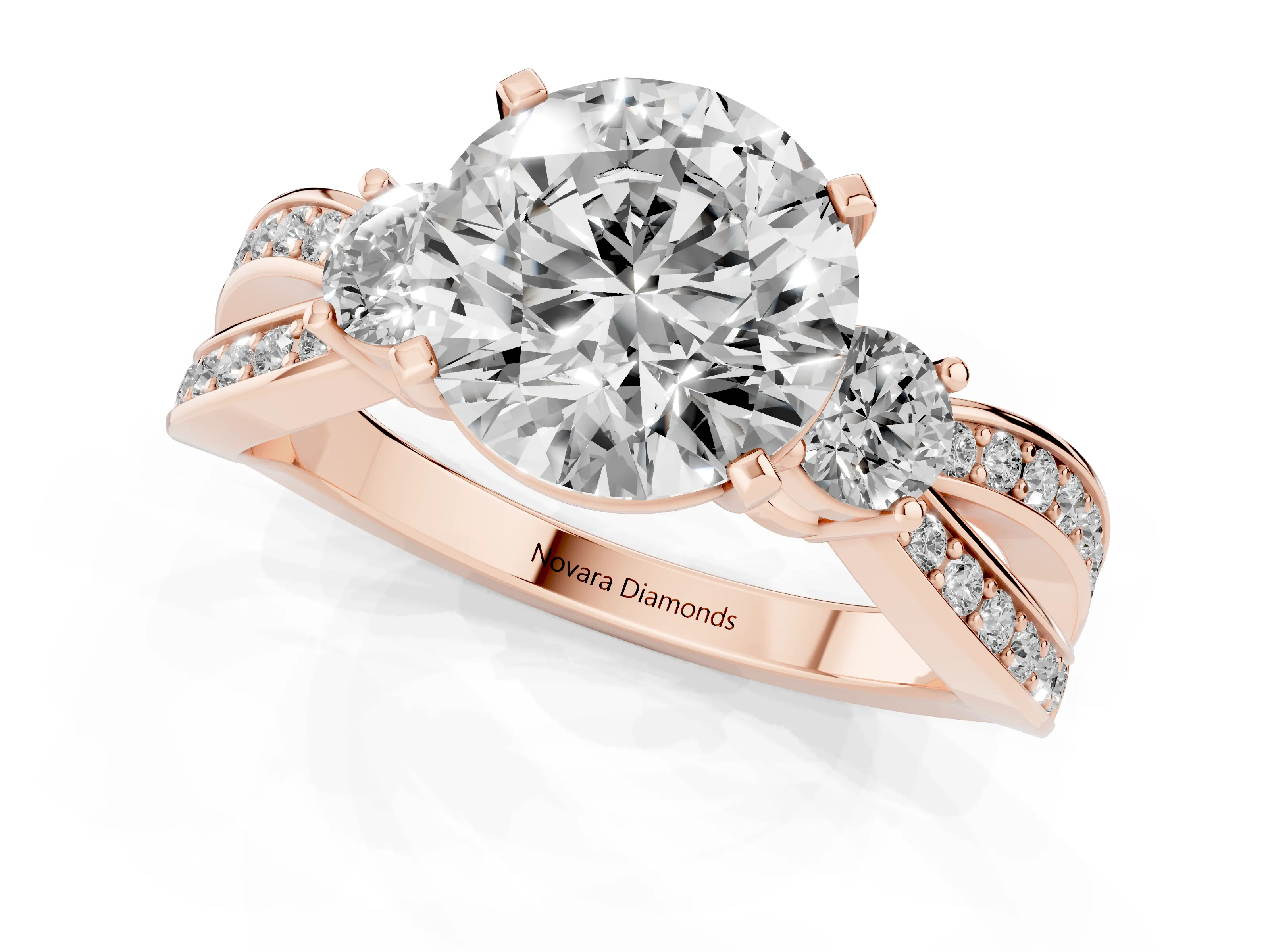 Three-Stone Round Cut Diamond Twist Band Ring Set in Rose gold with Pavé Accents and Prong Setting