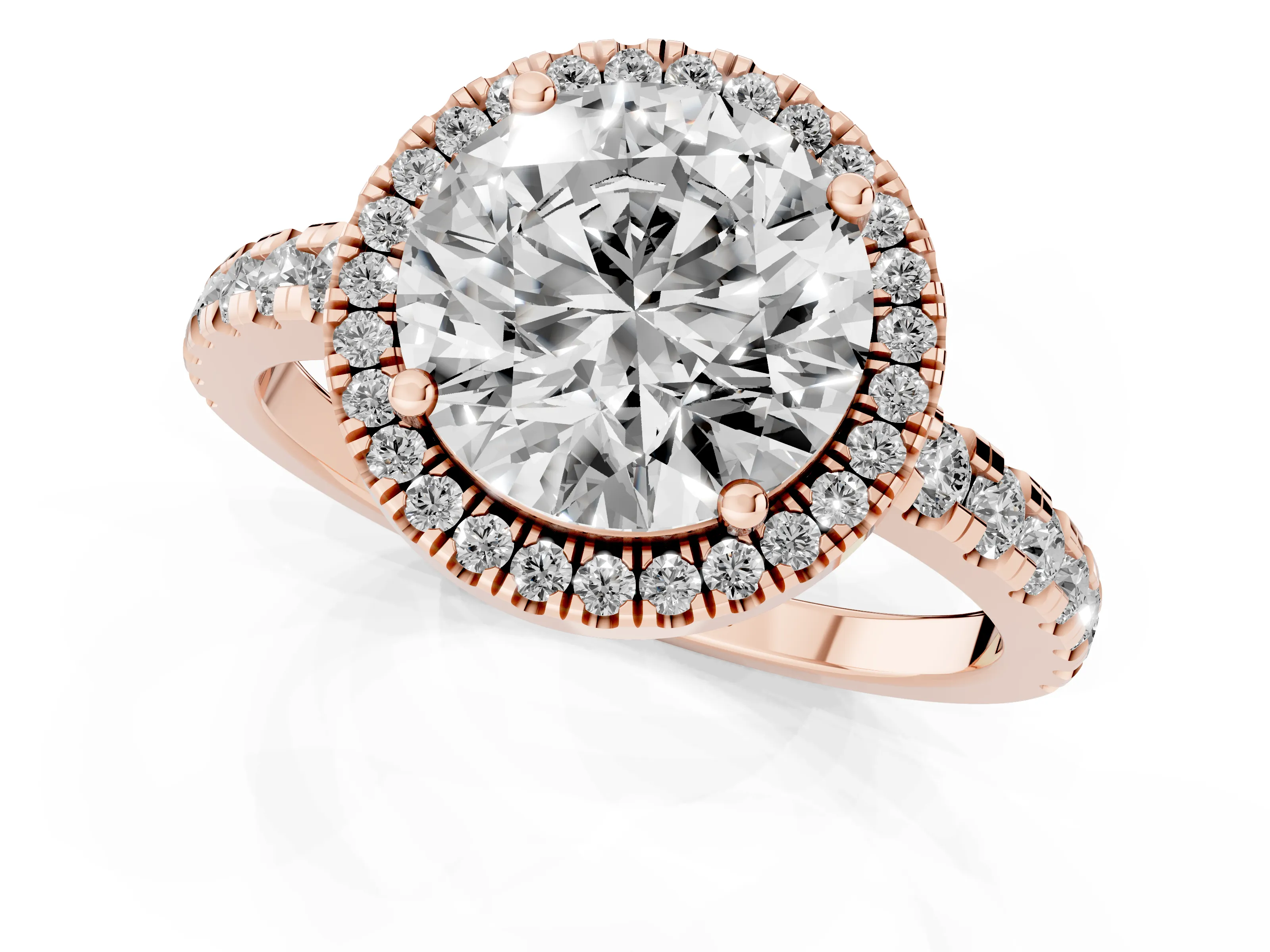 Round Cut Diamond Halo Ring Set in Rose gold with Delicate Pavé Band and Prong Setting