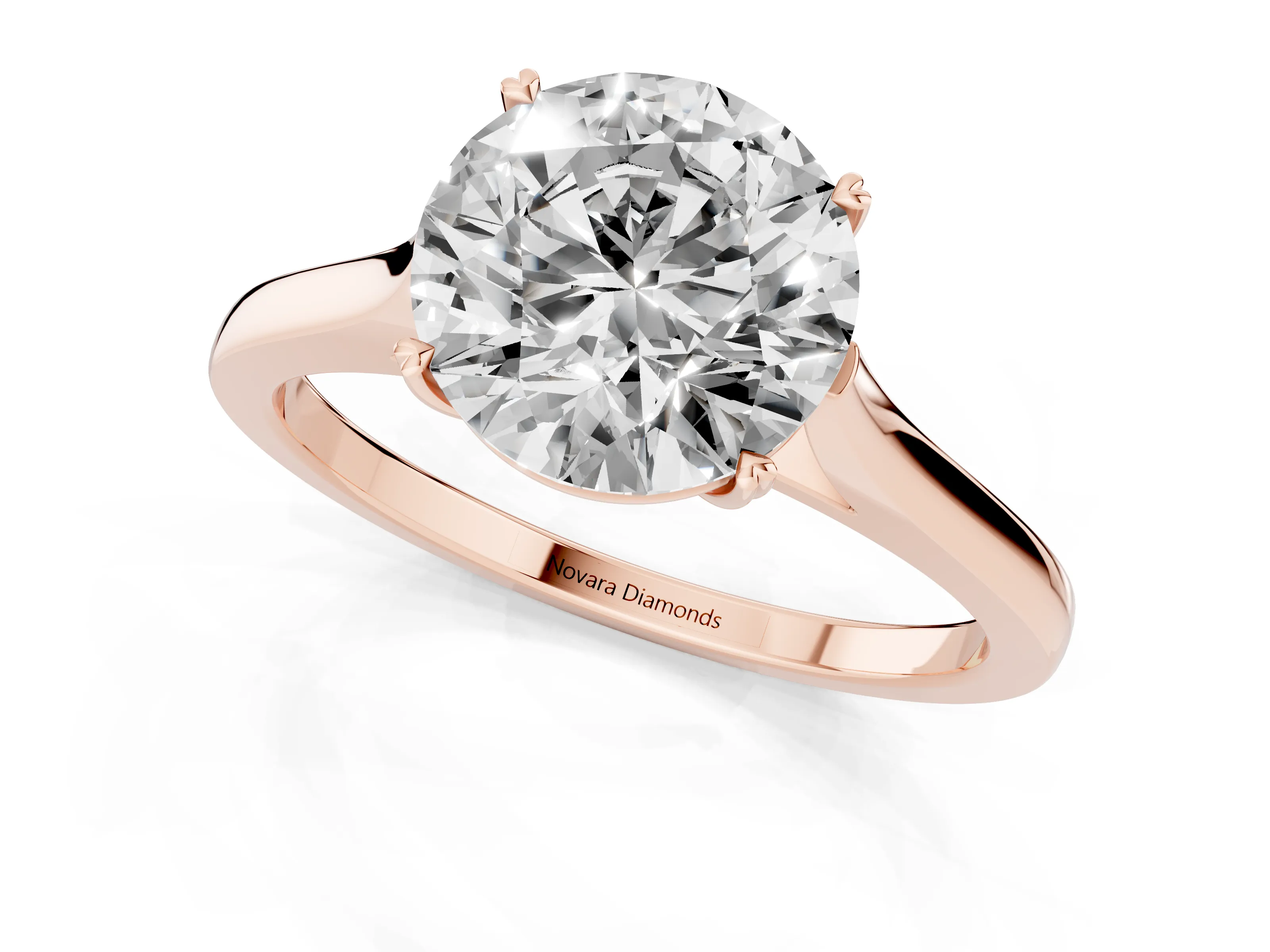 Round Cut Diamond Solitaire Heart Prong Engagement Ring Set in Rose gold with Tapered Band