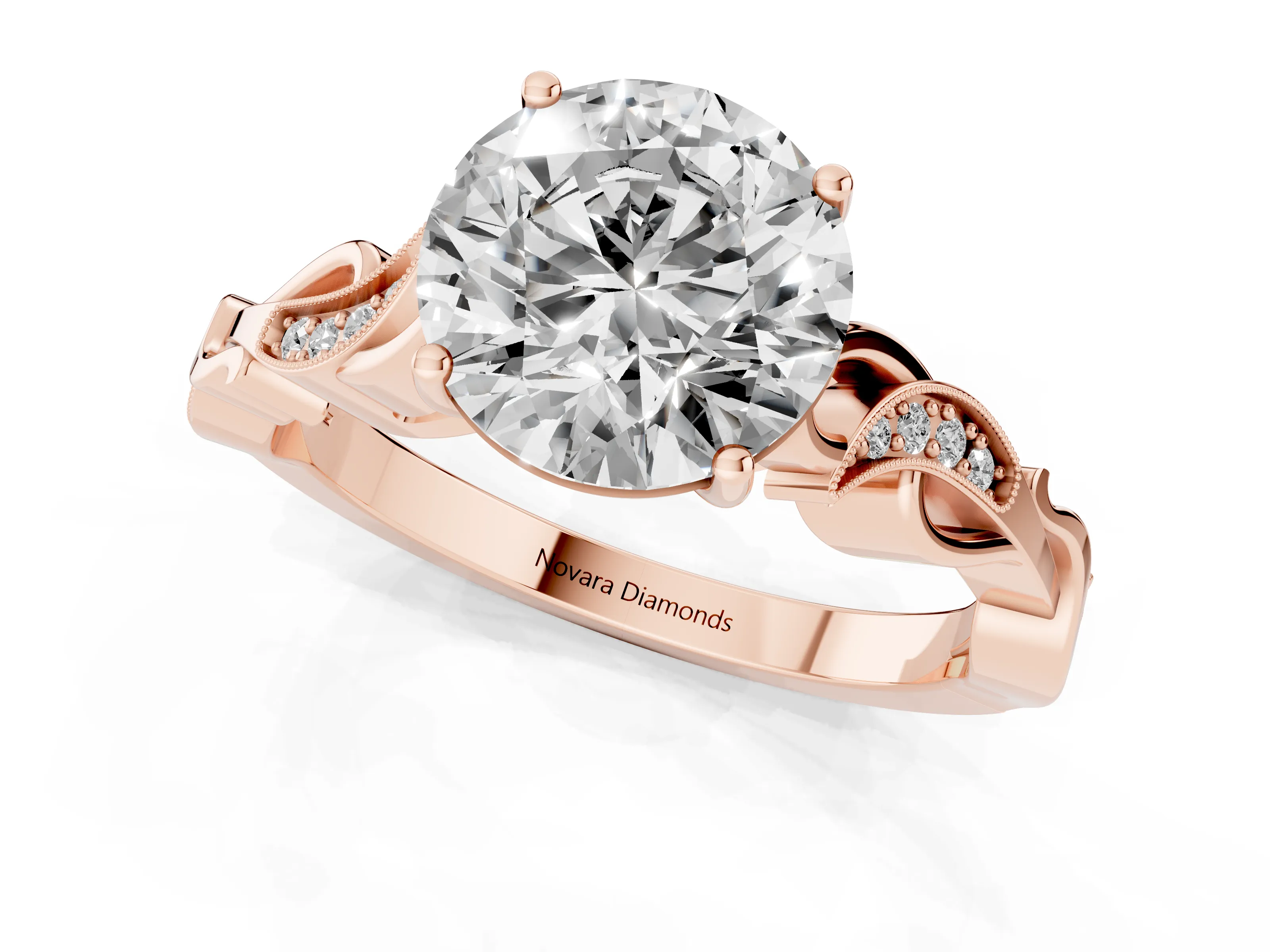 Round Cut Diamond Vine Band Solitaire Ring Set in Rose gold with Milgrain Prong Setting