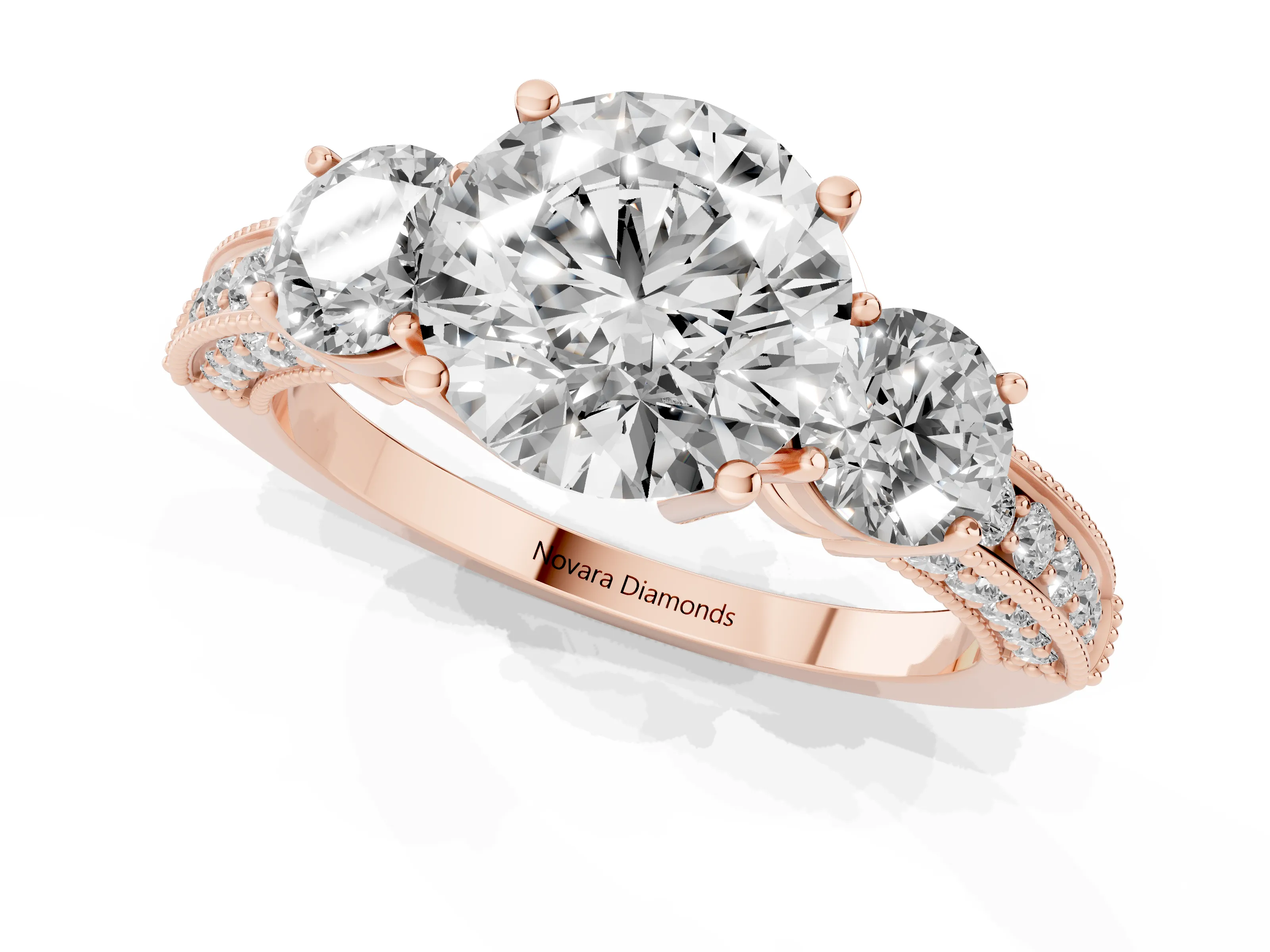Round Cut Diamond Three-Stone Ring Set in Rose gold with Round Side Stones and Pavé Band