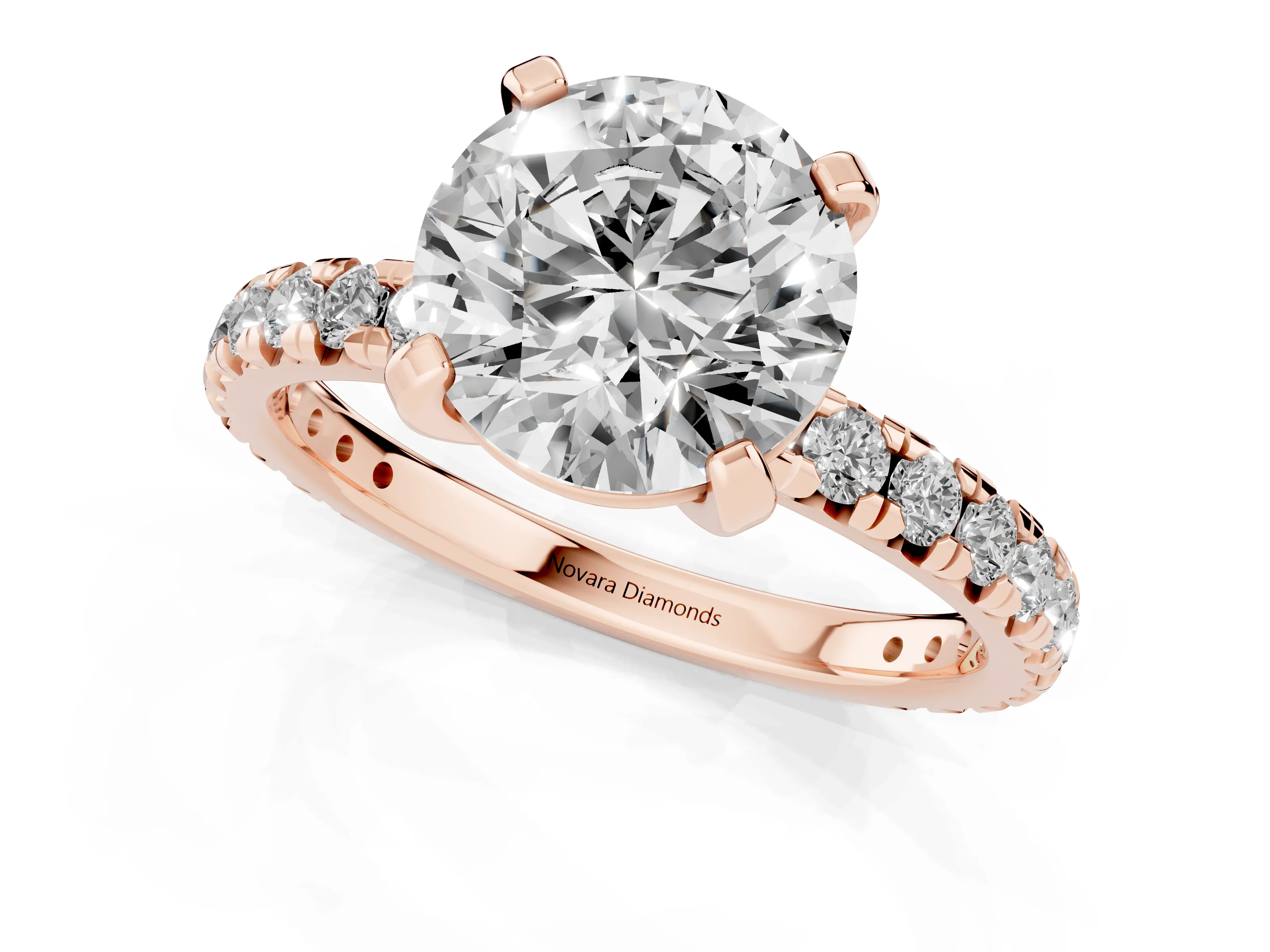 Round Cut Diamond Pavé Solitaire Ring Set in Rose gold with Round Band and Prong Setting