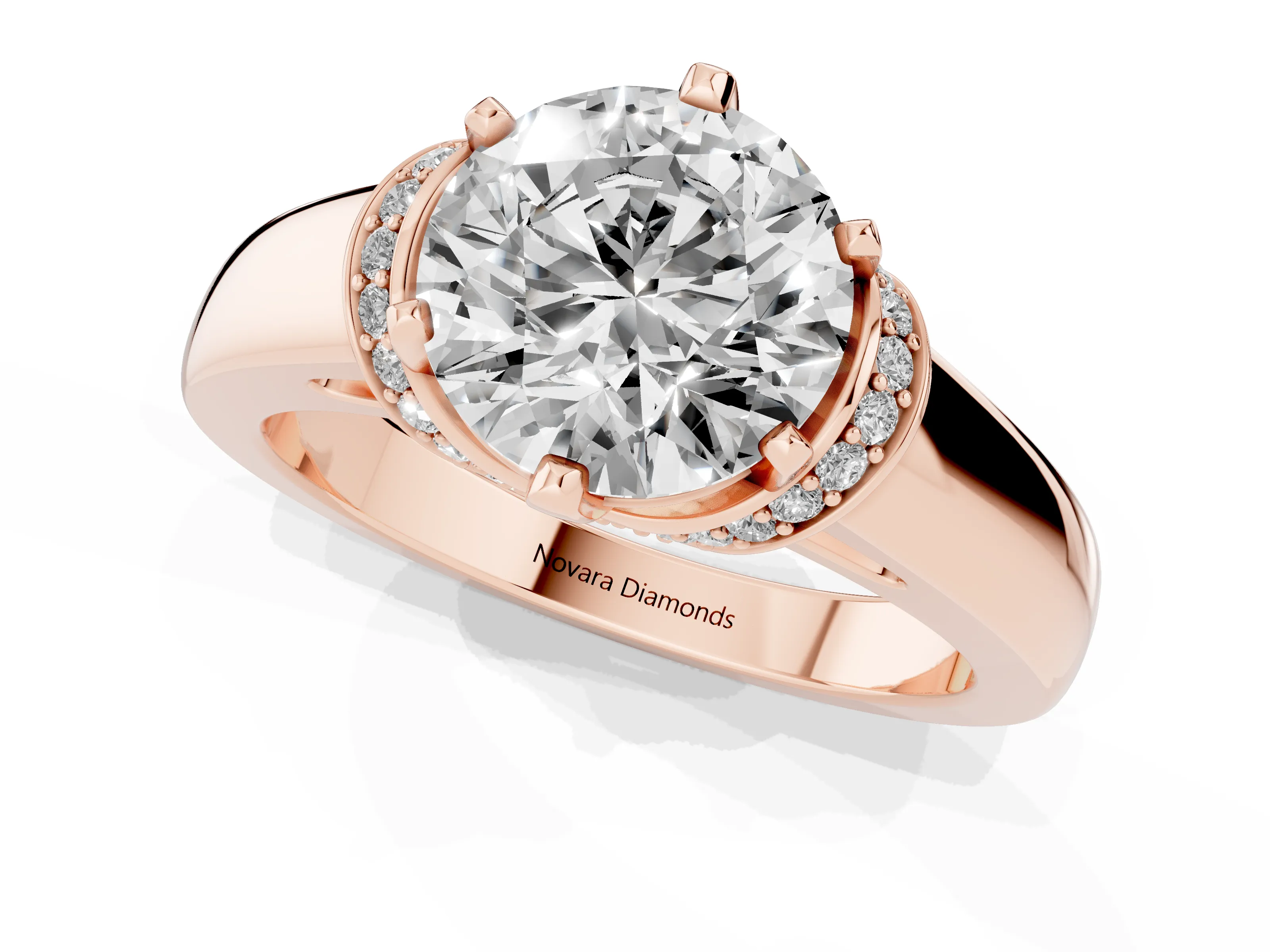 Round Cut Diamond Pavé Band Solitaire Ring Set in Rose gold with Prong Setting