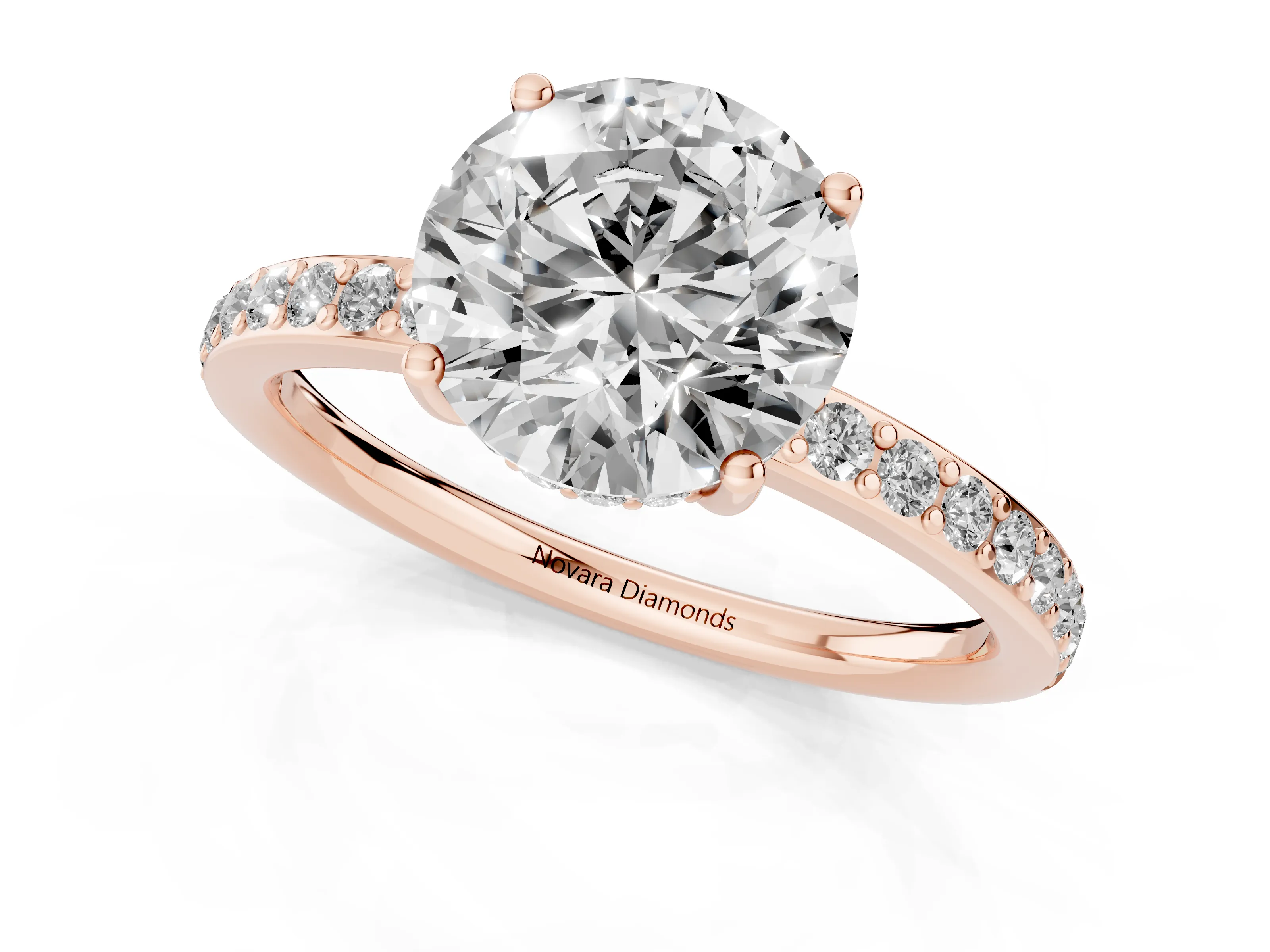 Round Cut Diamond Pavé Band Ring Set in Rose gold with Prong-Set Center Stone