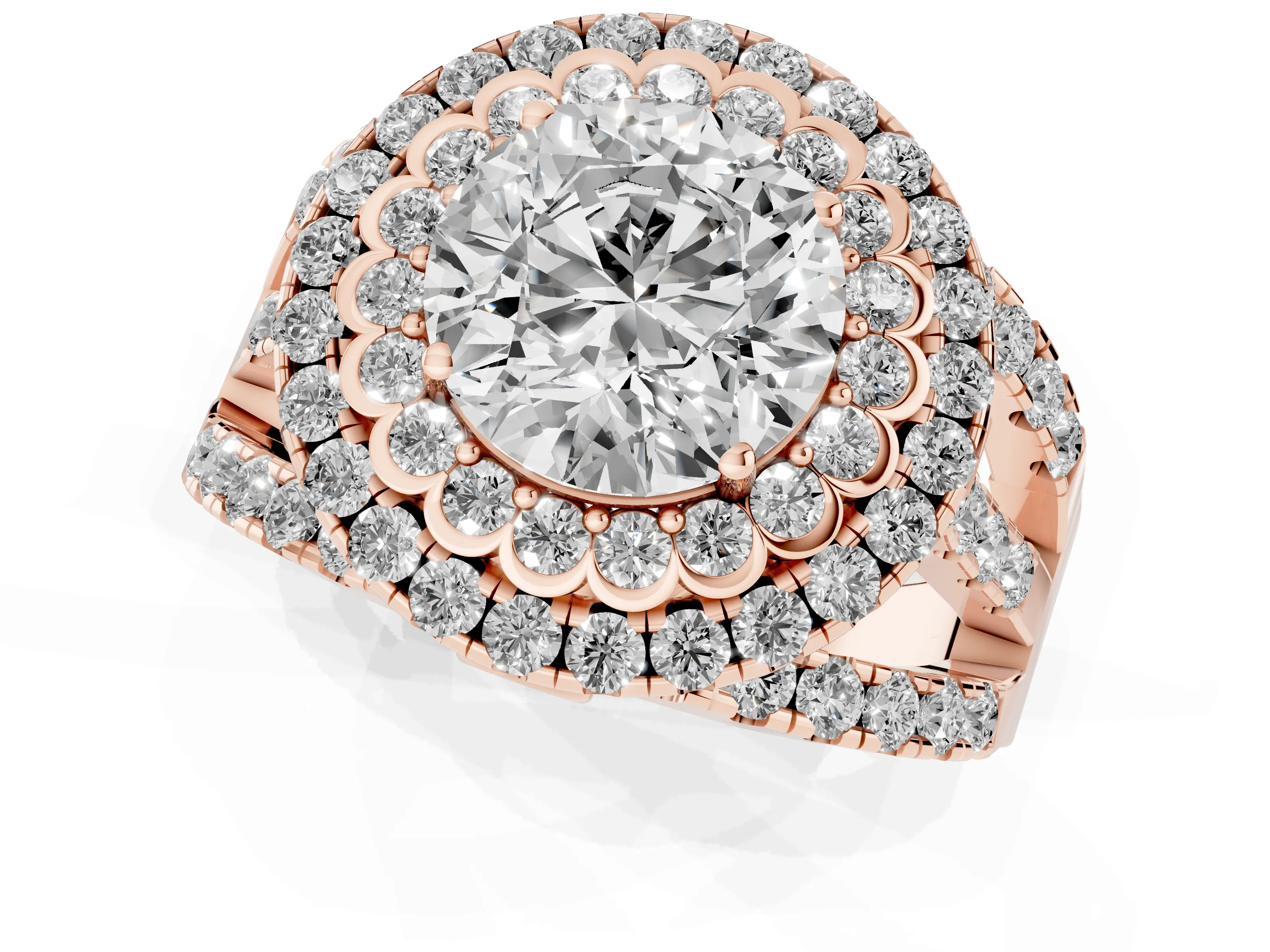 Round Cut Diamond Double Halo Ring Set in Rose gold with Round Pavé Split Shank